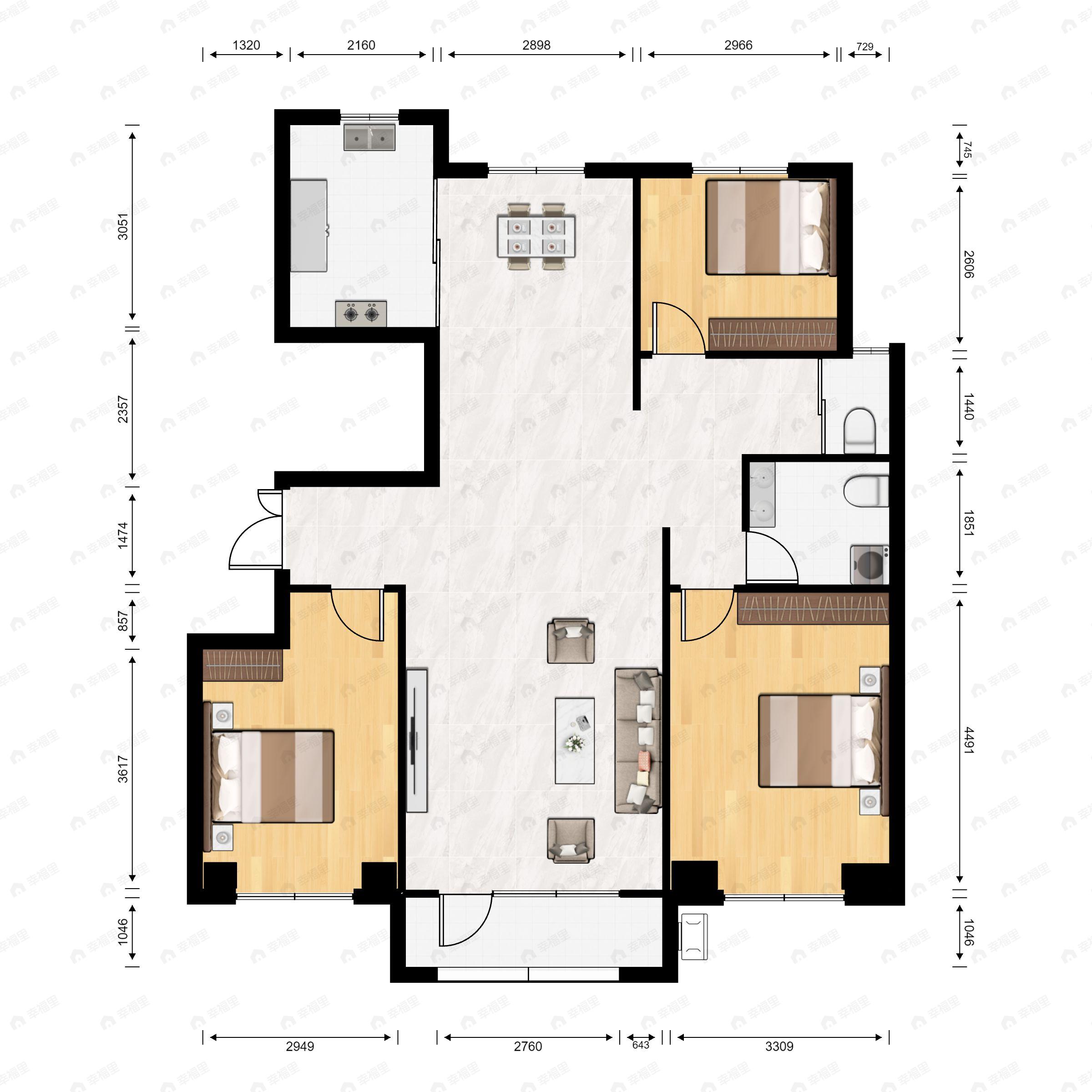 3室2厅2卫建面122平户型图