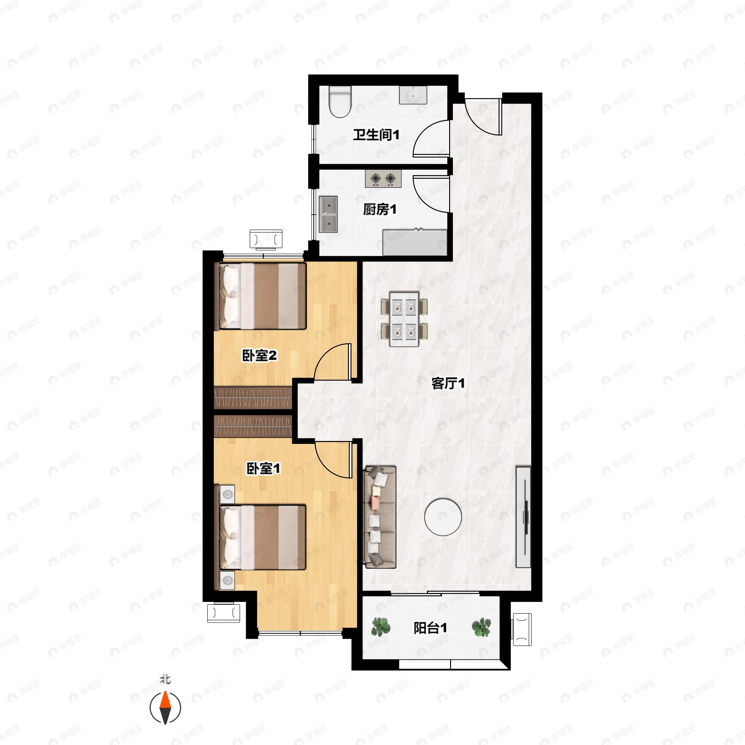 2室2厅1卫建面80平南户型图