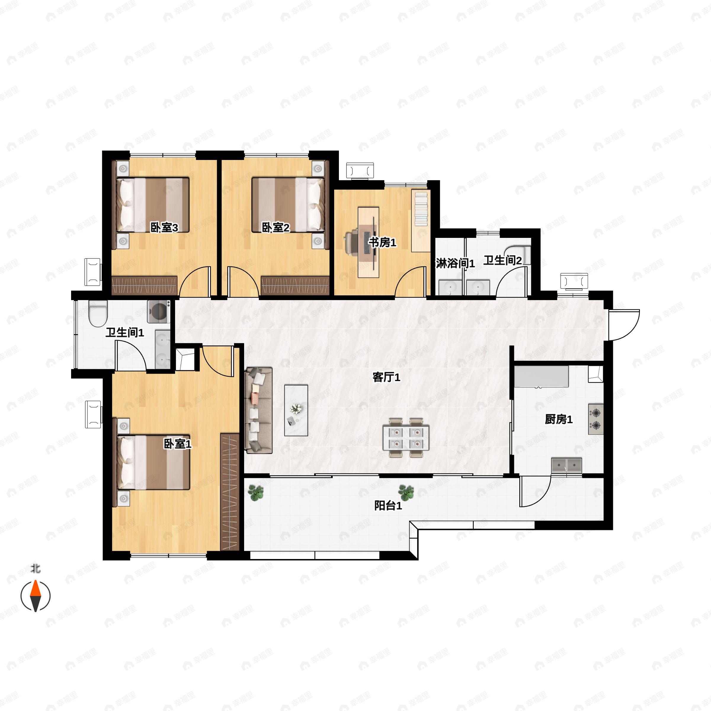 3室2厅2卫建面124平户型图