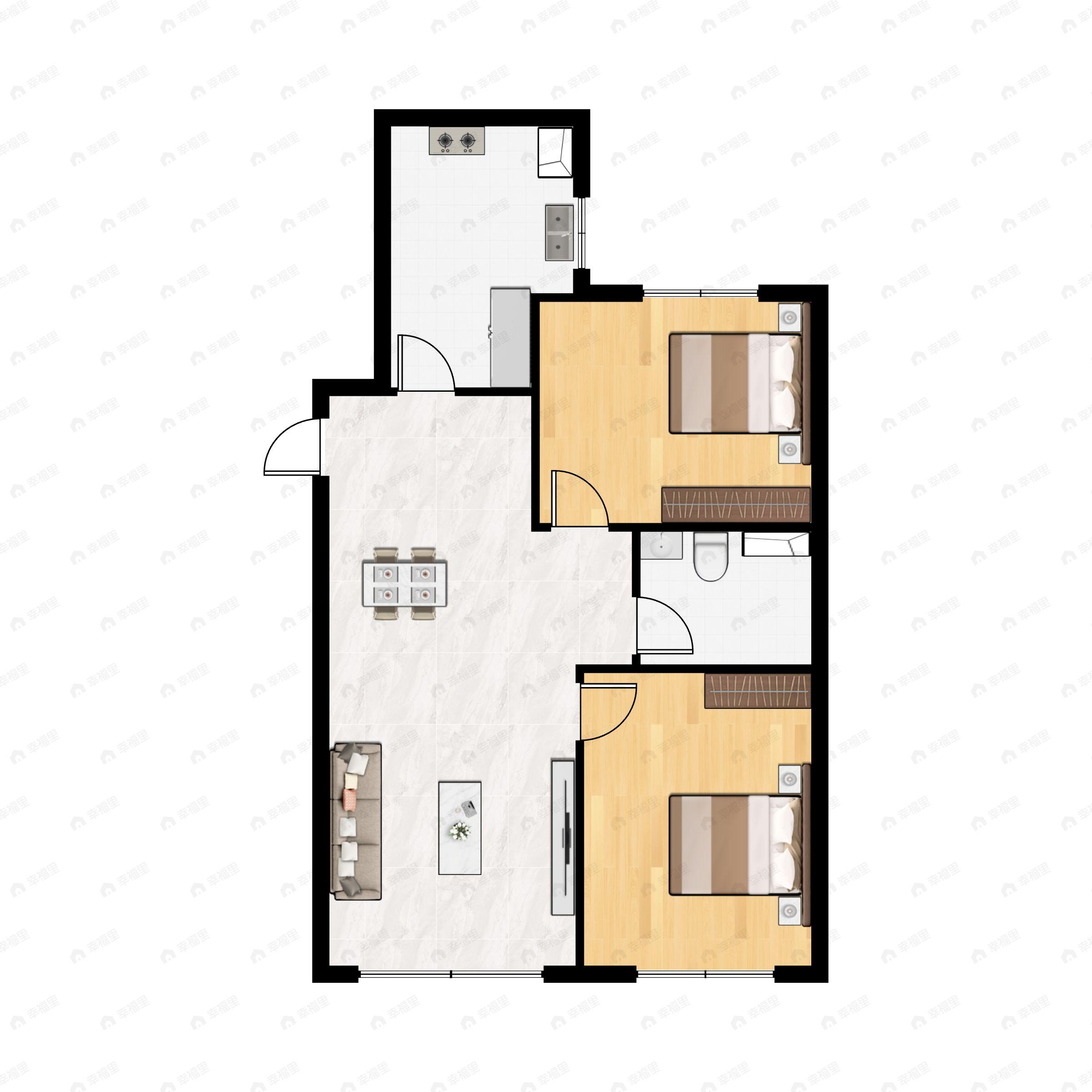 2室2厅1卫建面86m²南|北户型图
