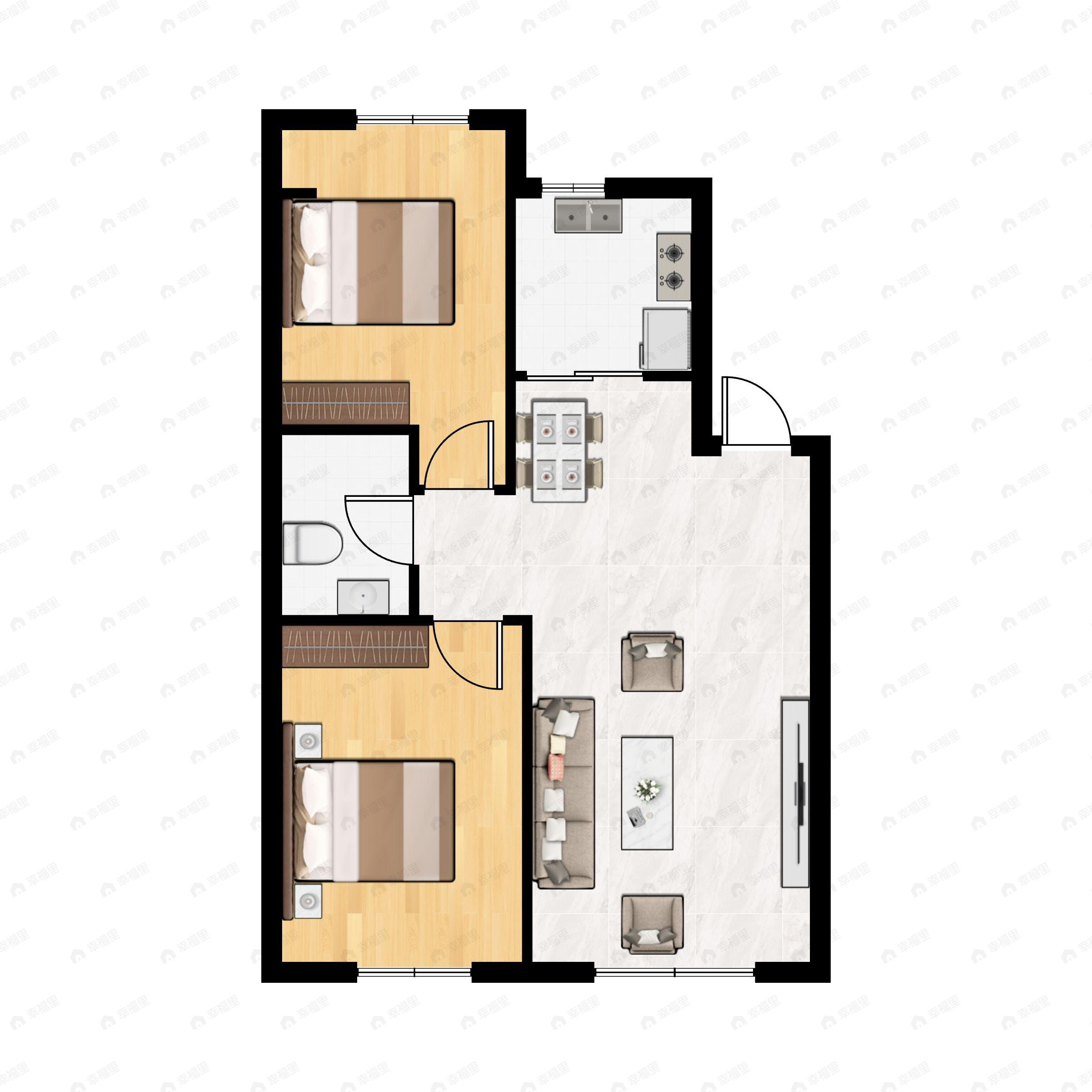 2室2厅1卫建面86m²南|北户型图