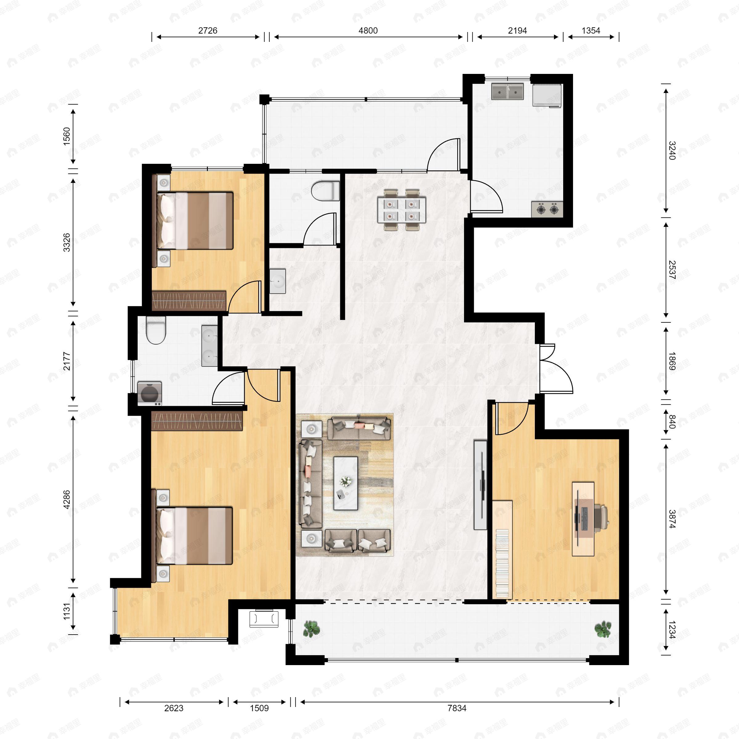 3室2厅2卫建面138m²北|南户型图