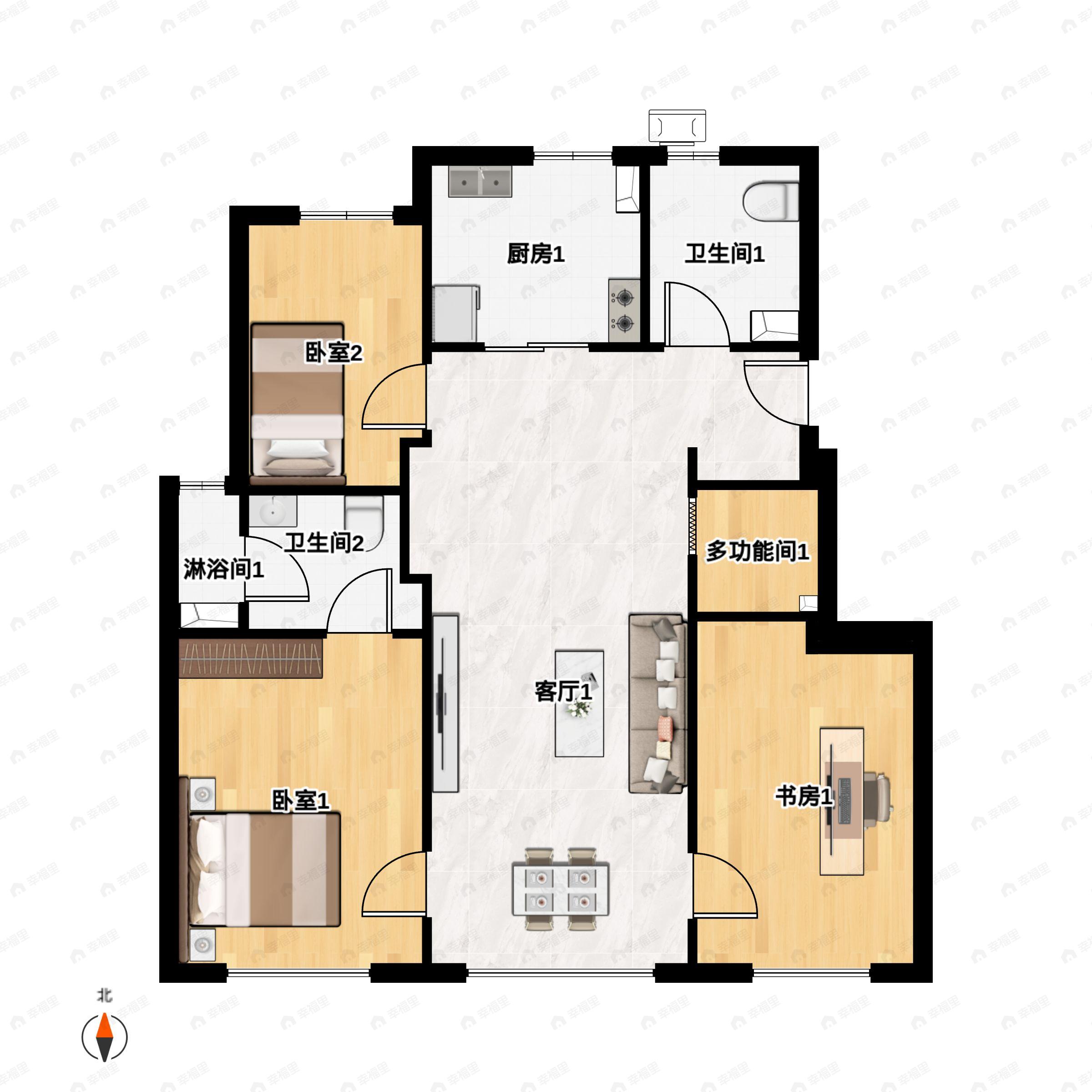 3室2厅2卫建面98平南|北户型图