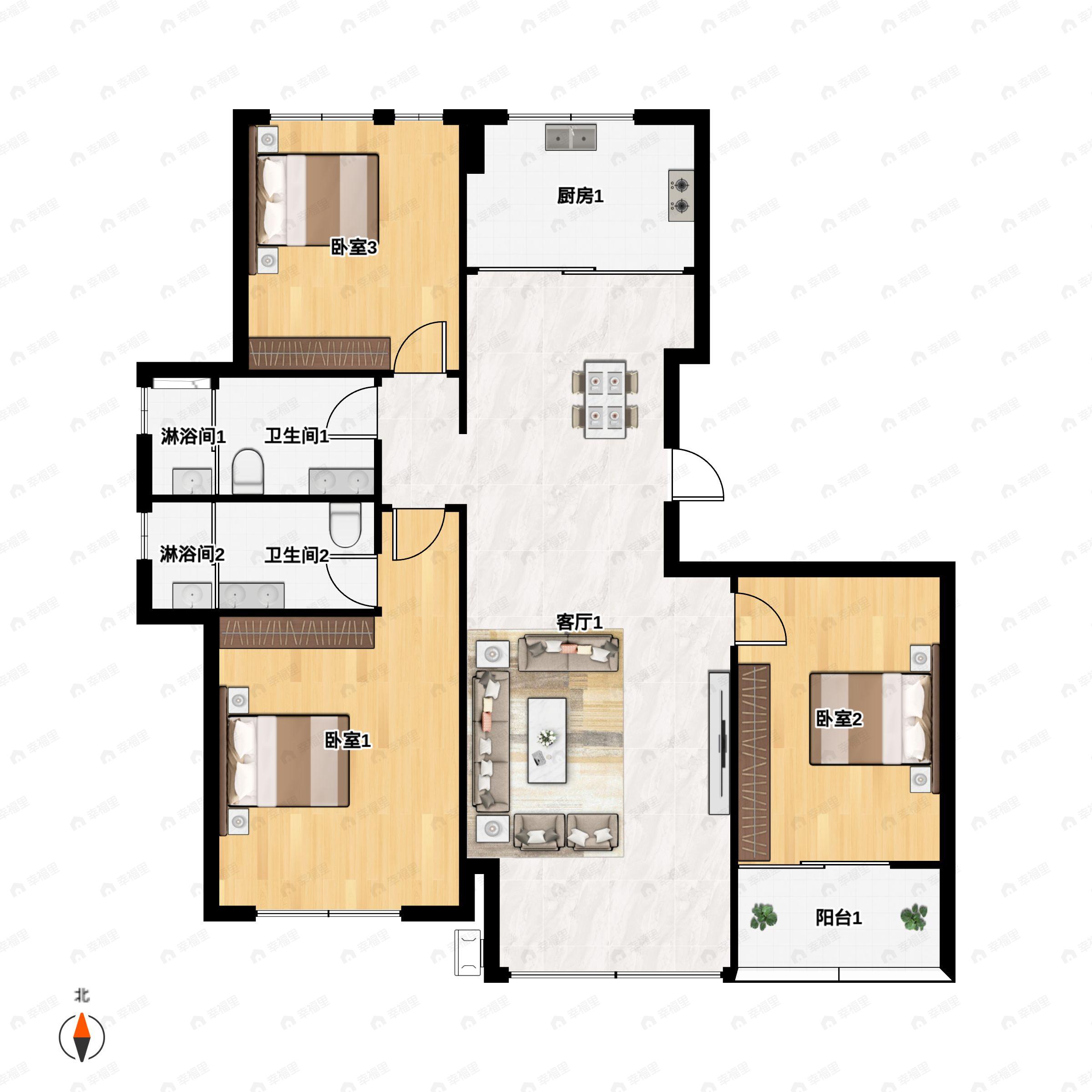 3室2厅2卫建面118m²南户型图
