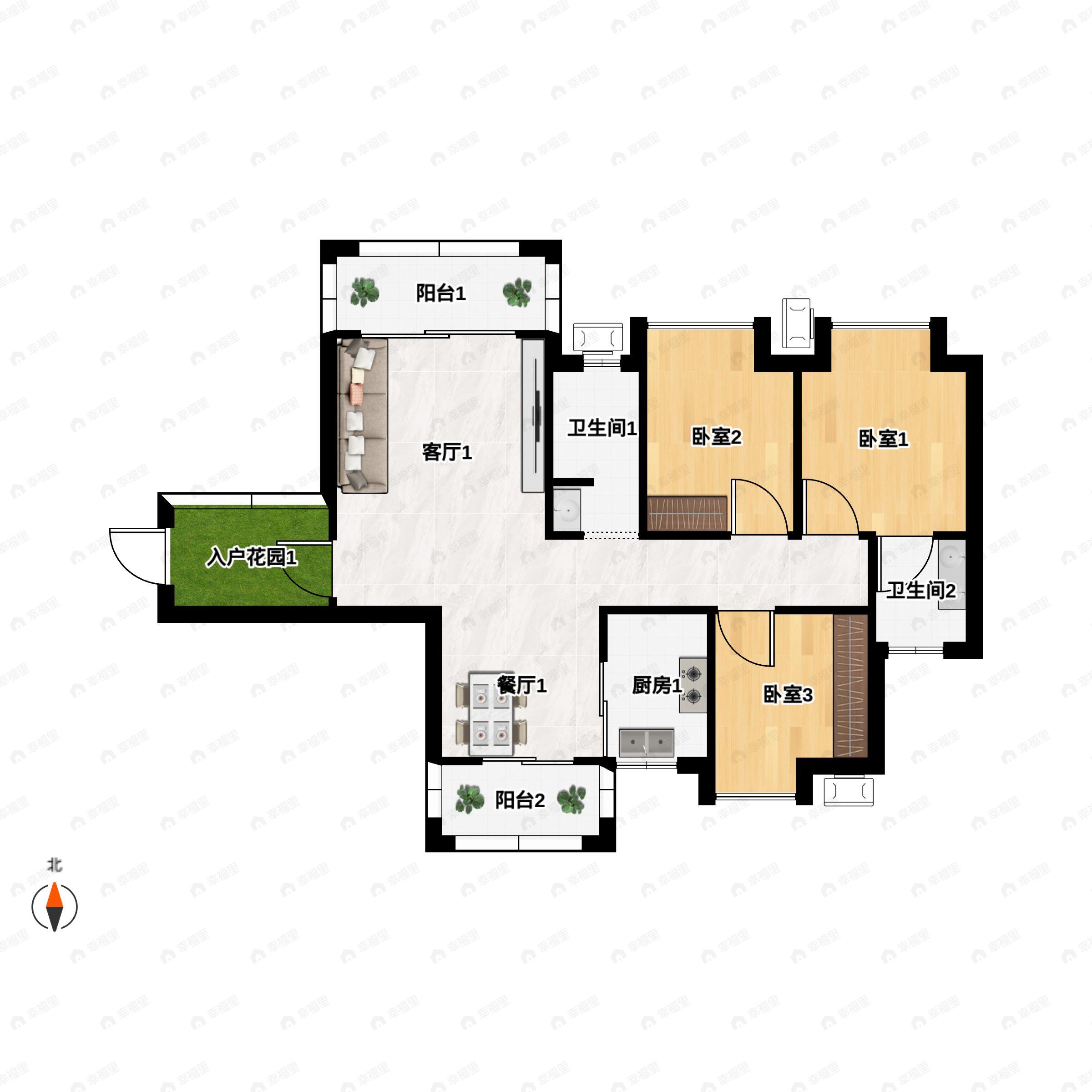 3室2厅2卫建面96m²南|北户型图