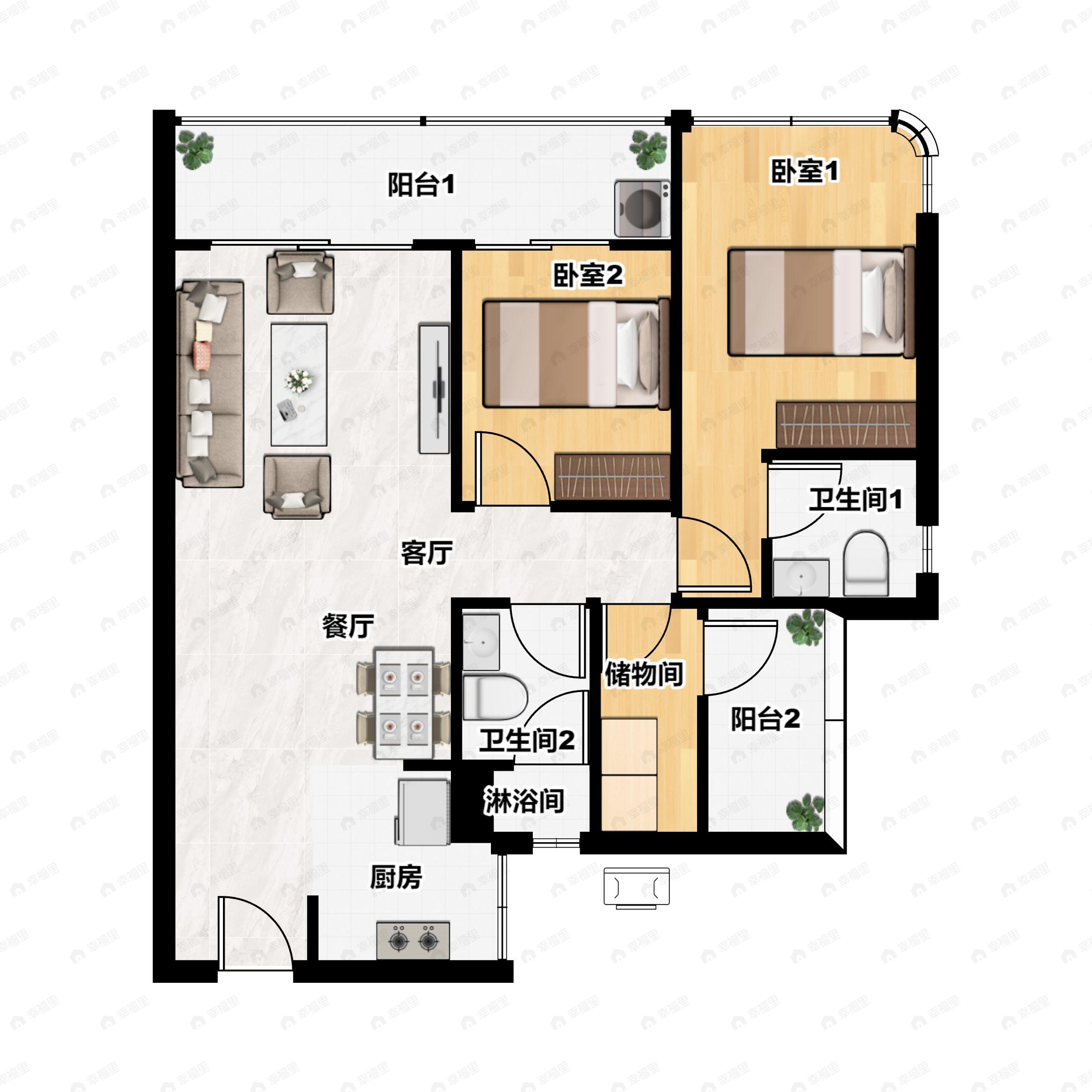 2室2厅2卫建面100平户型图