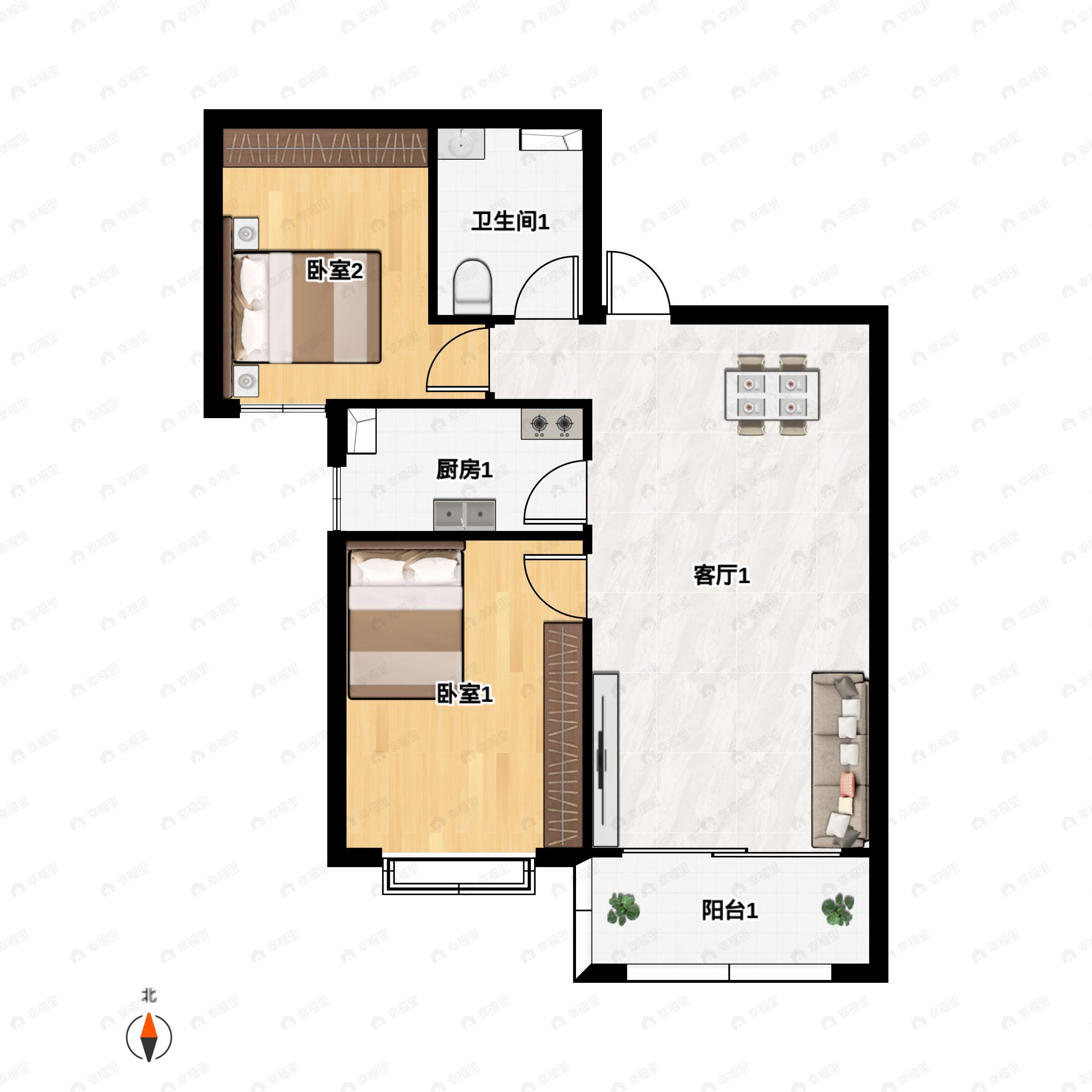 2室2厅1卫建面93m²西南户型图