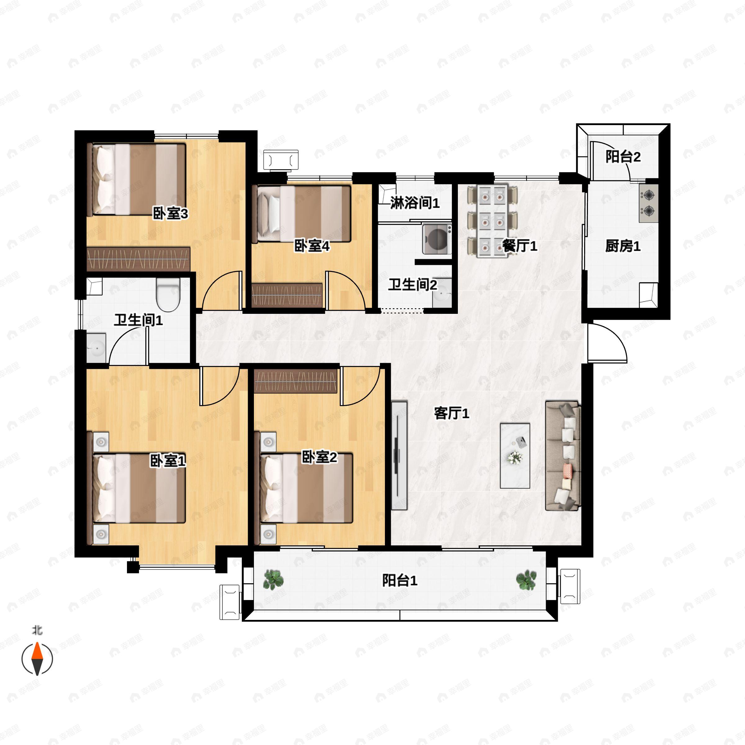 4室2厅2卫建面145平北|南户型图