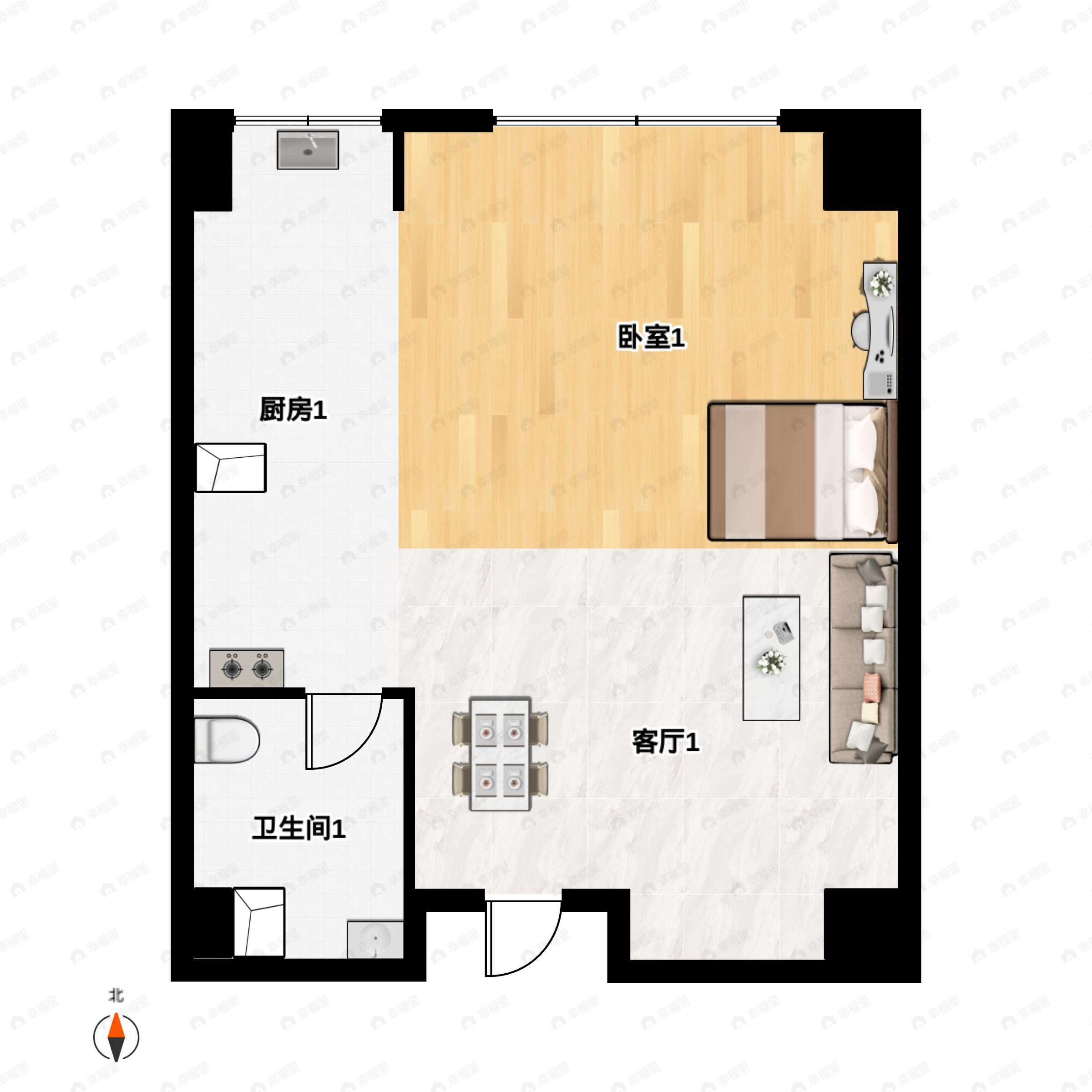 1室1厅1卫建面60m²北户型图