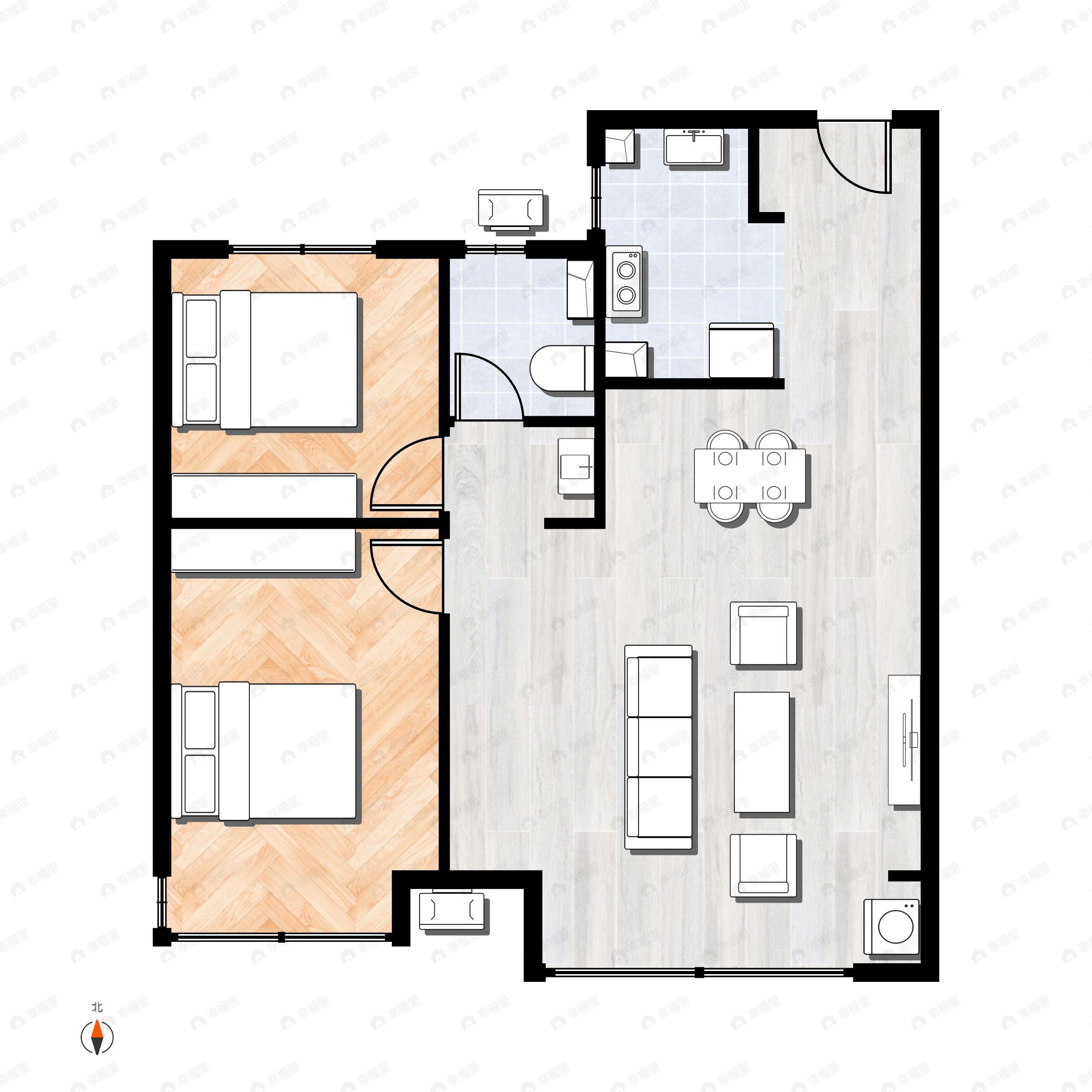 2室2厅1卫建面86m²南户型图