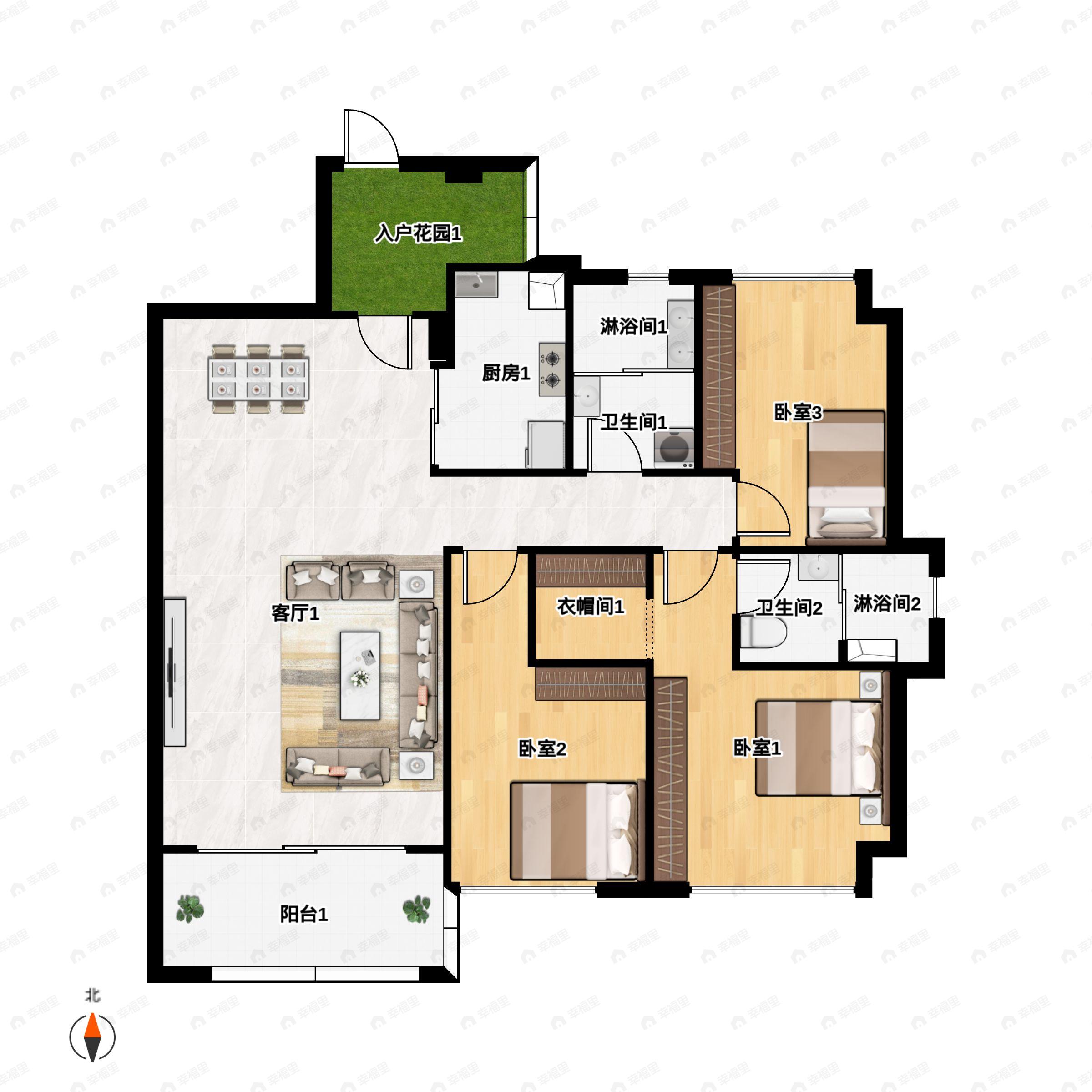 3室2厅2卫建面110m²南户型图
