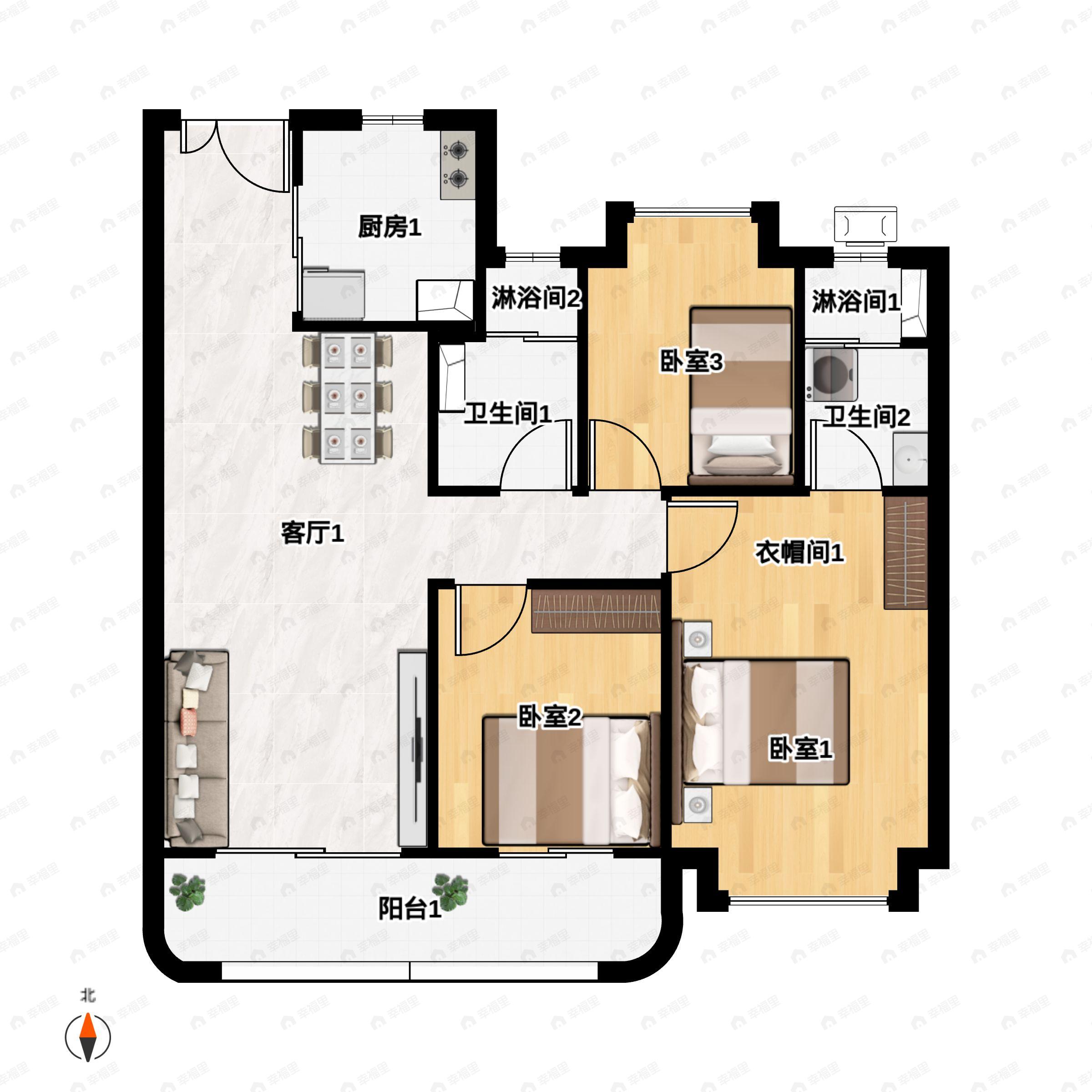 3室2厅2卫建面118m²南|北户型图