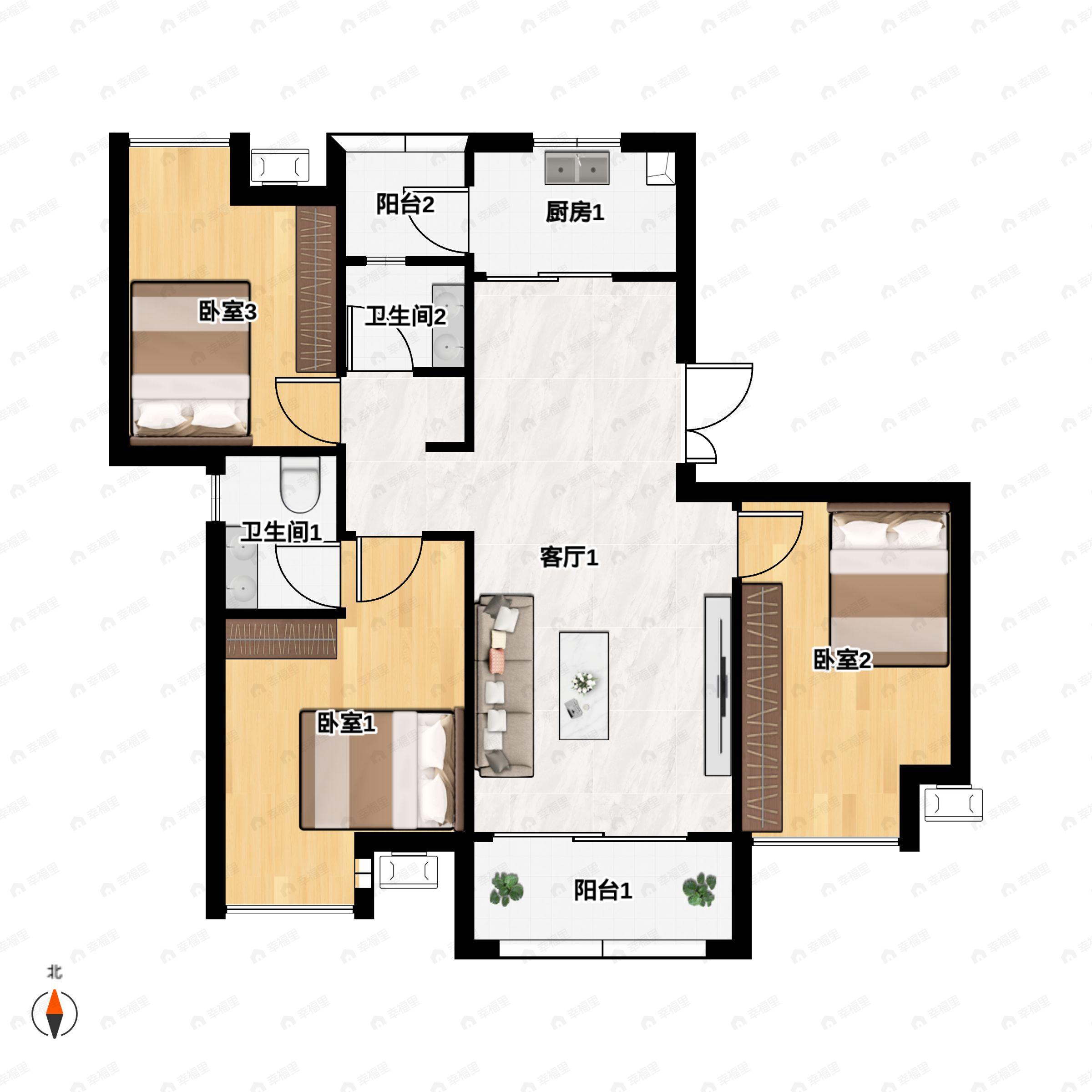3室2厅2卫建面111m²南户型图