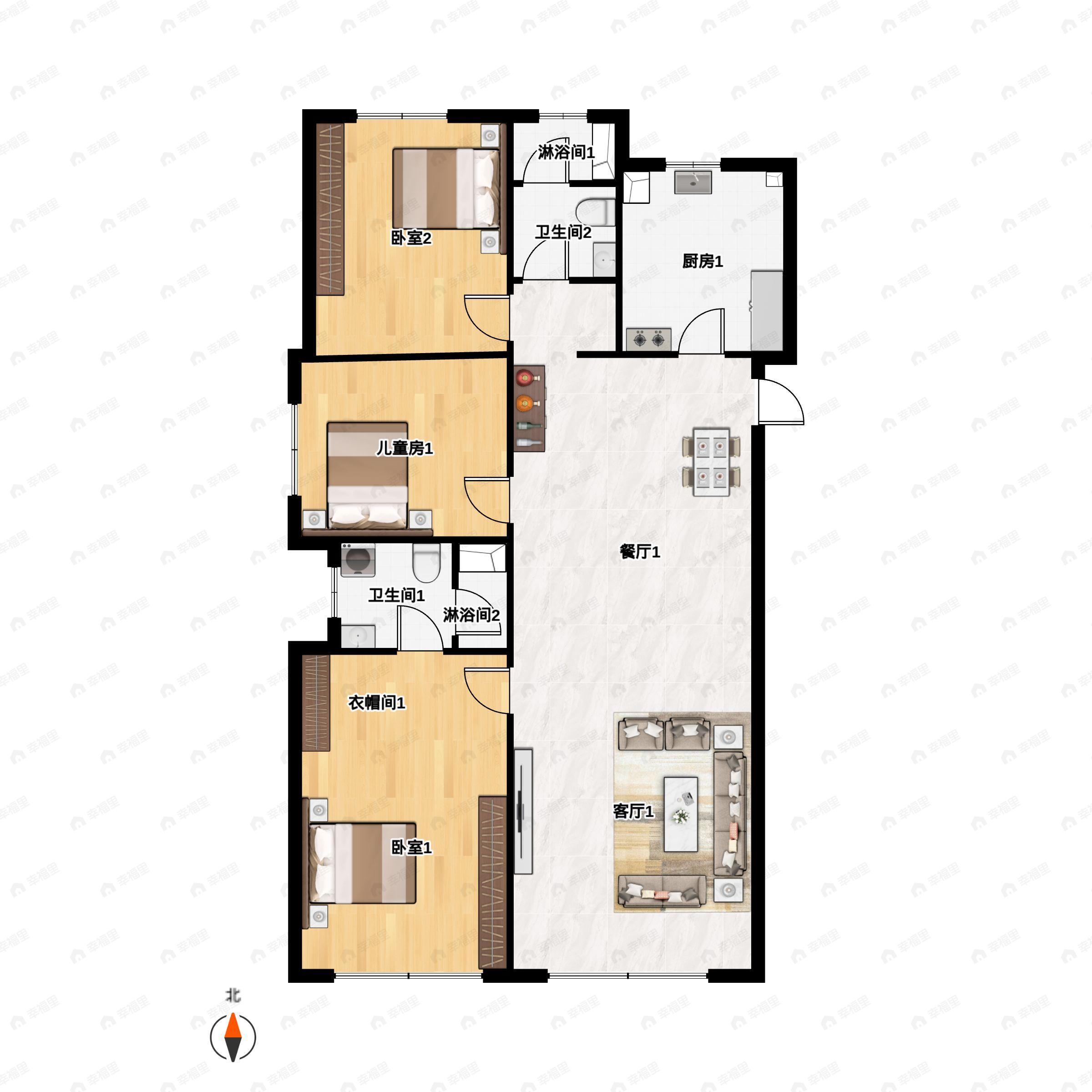 3室2厅2卫建面125m²南|北户型图
