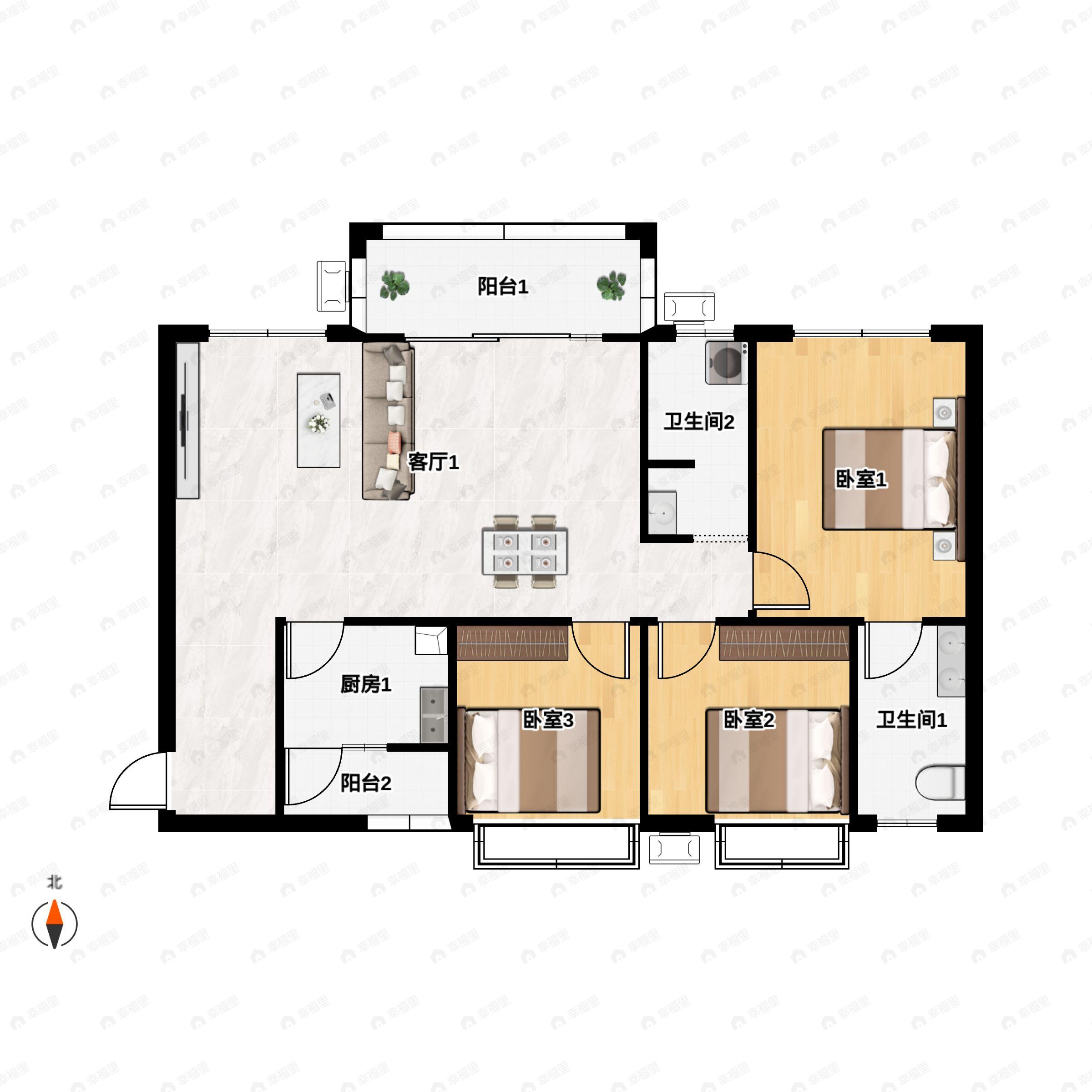 3室2厅2卫建面118平南户型图