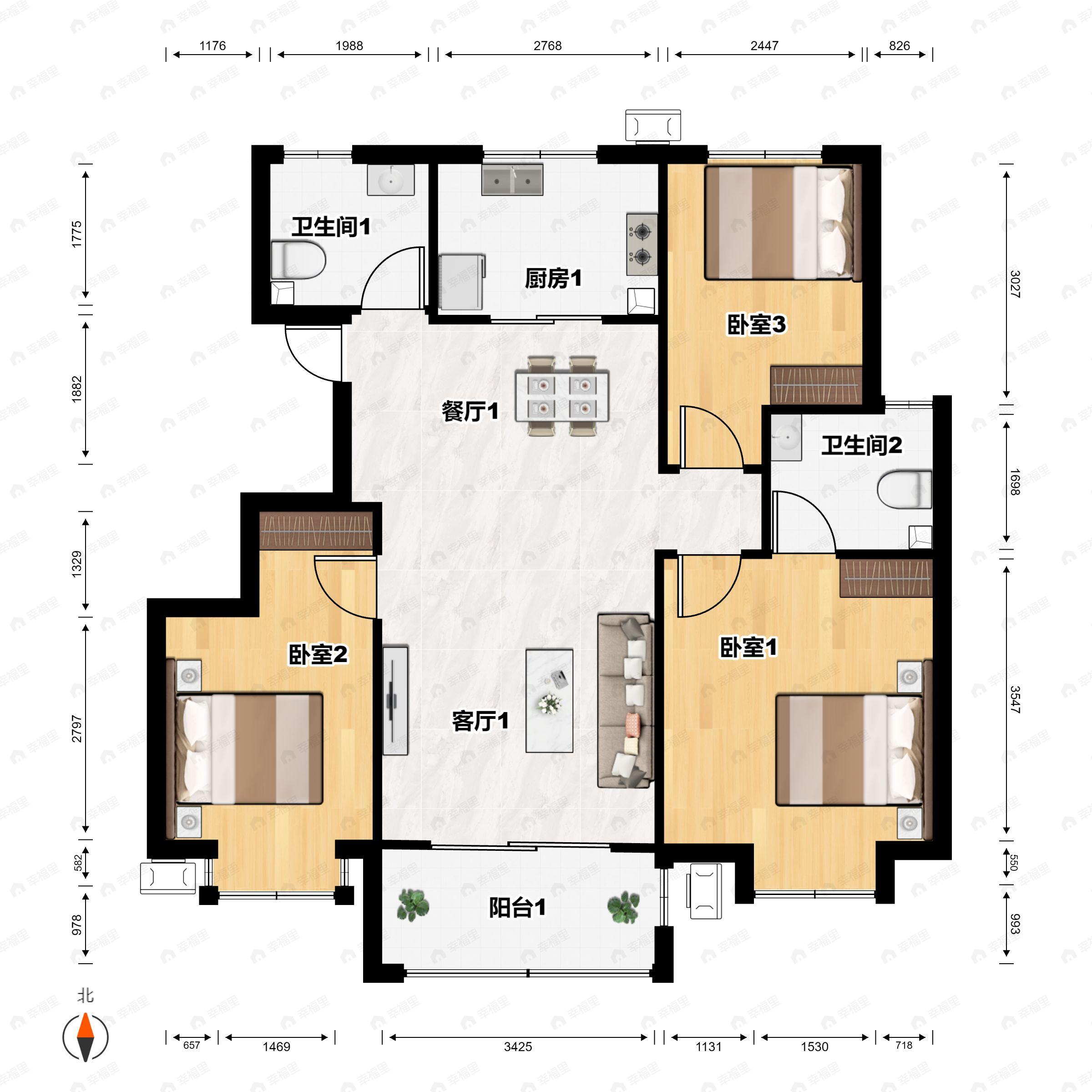 3室2厅2卫建面105平户型图