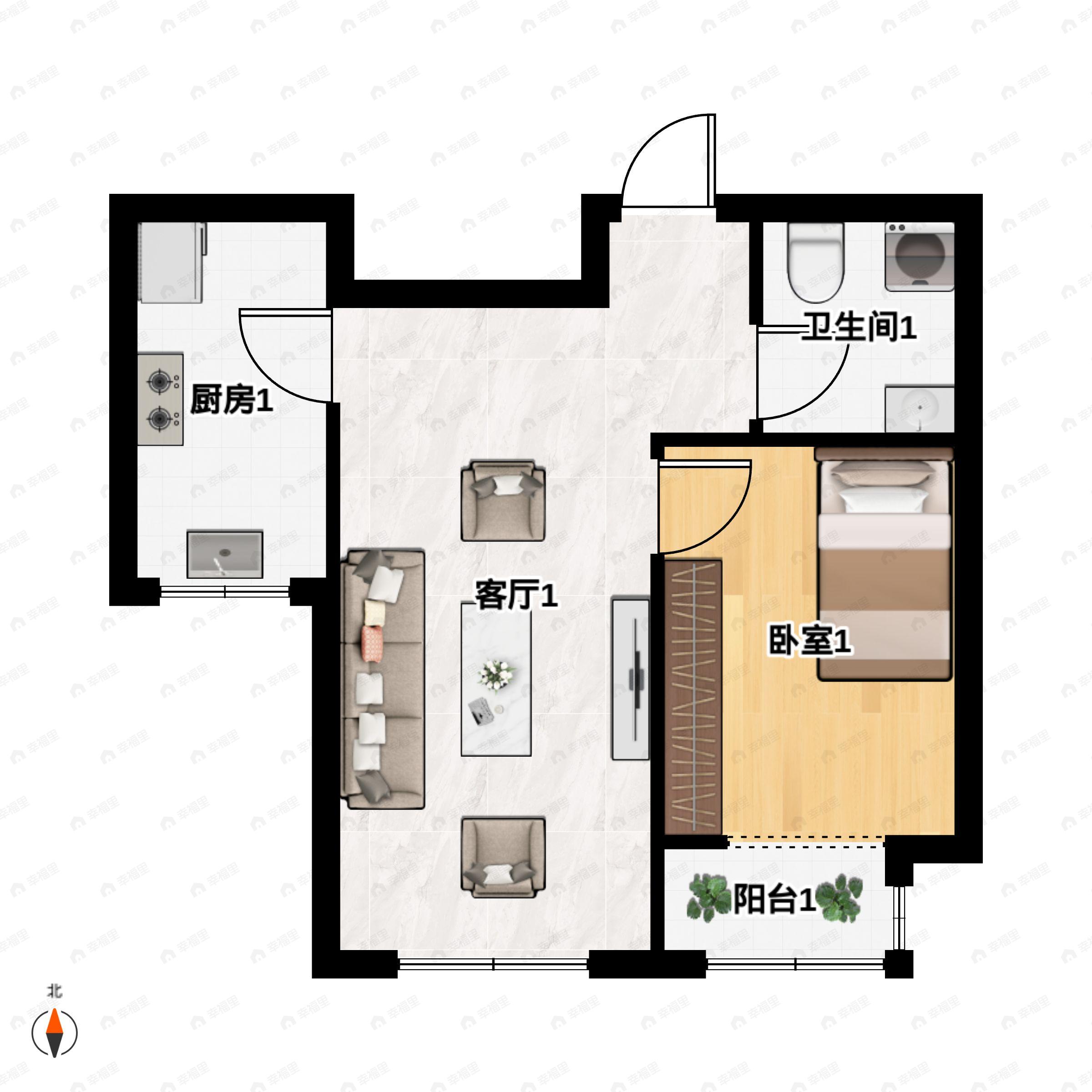 1室2厅1卫建面59m²北|南户型图