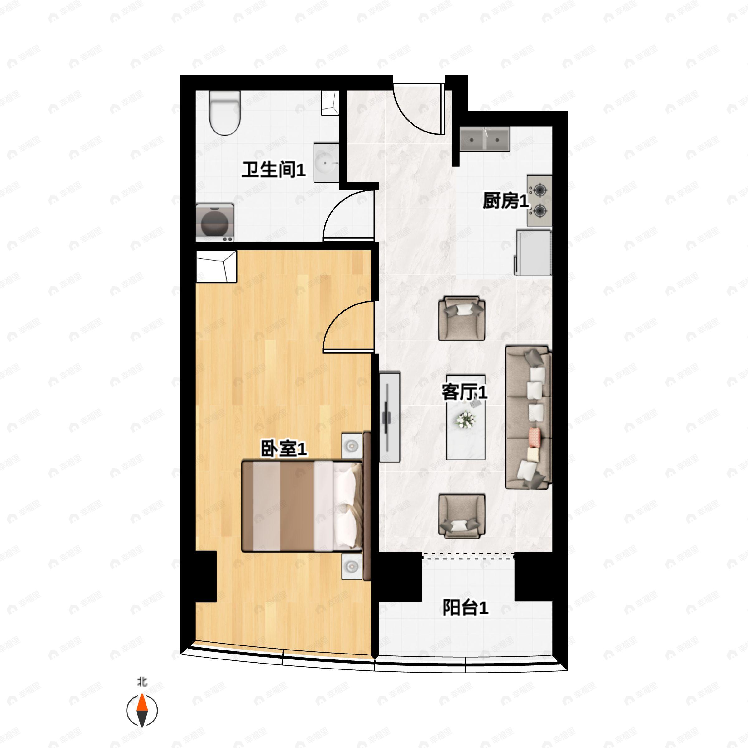 1室1厅1卫建面88m²西户型图