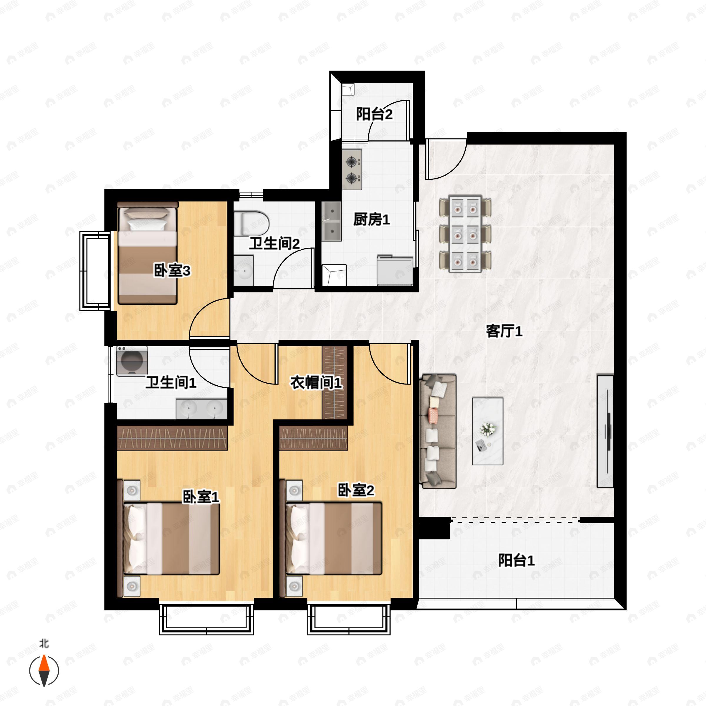 3室2厅2卫建面129平户型图