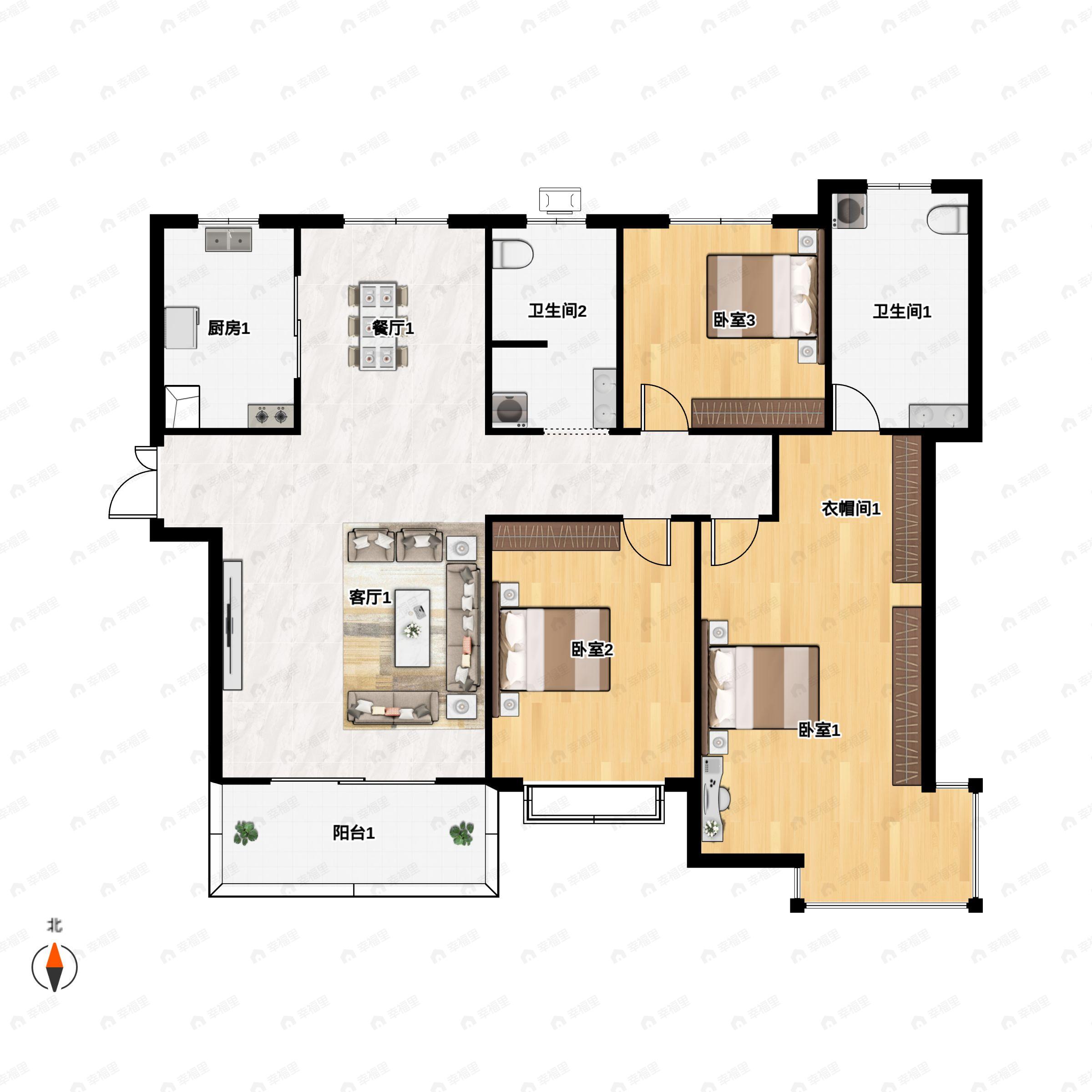 3室2厅2卫建面128平南户型图