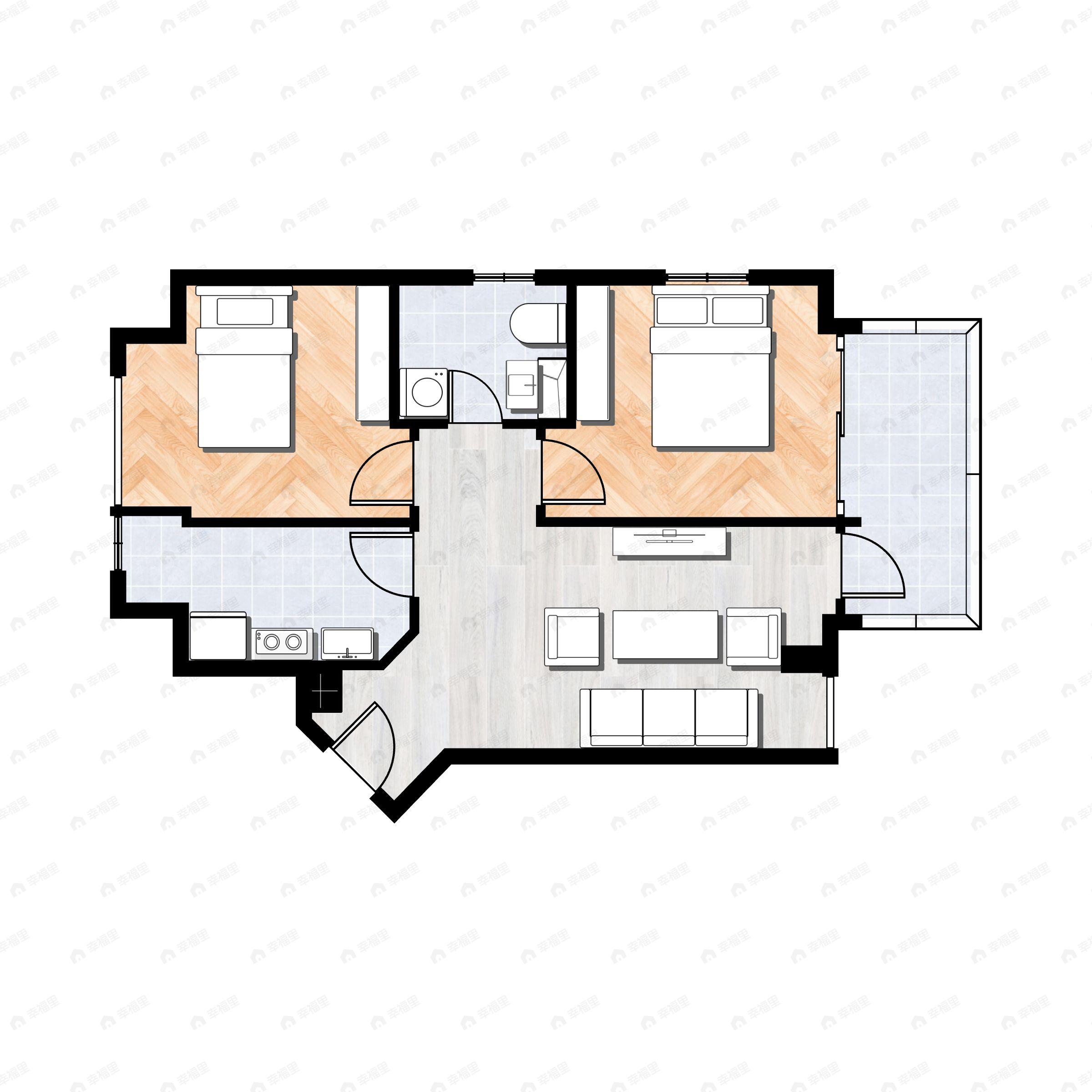 2室2厅1卫建面71m²北|南户型图