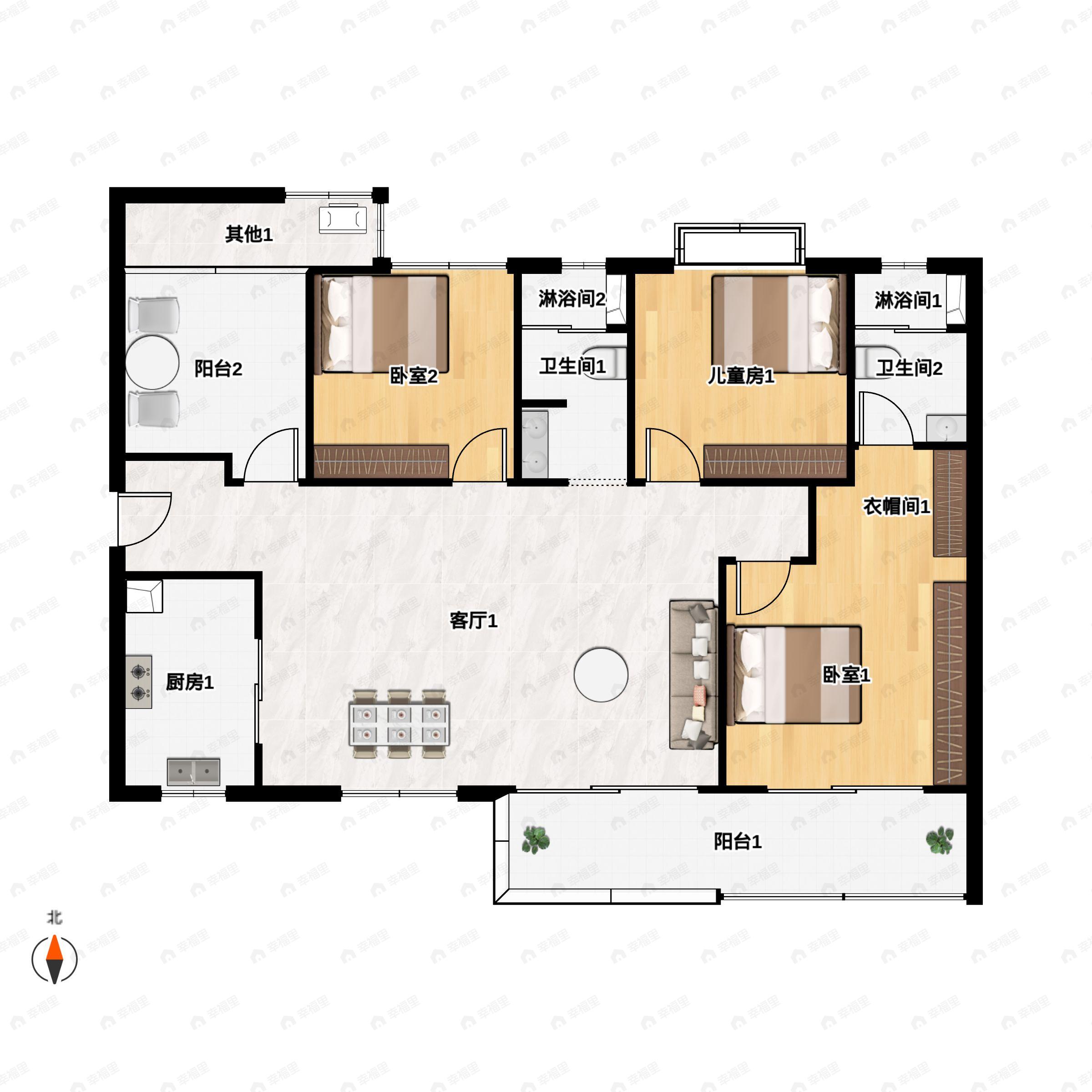 3室2厅2卫建面131平南|北户型图