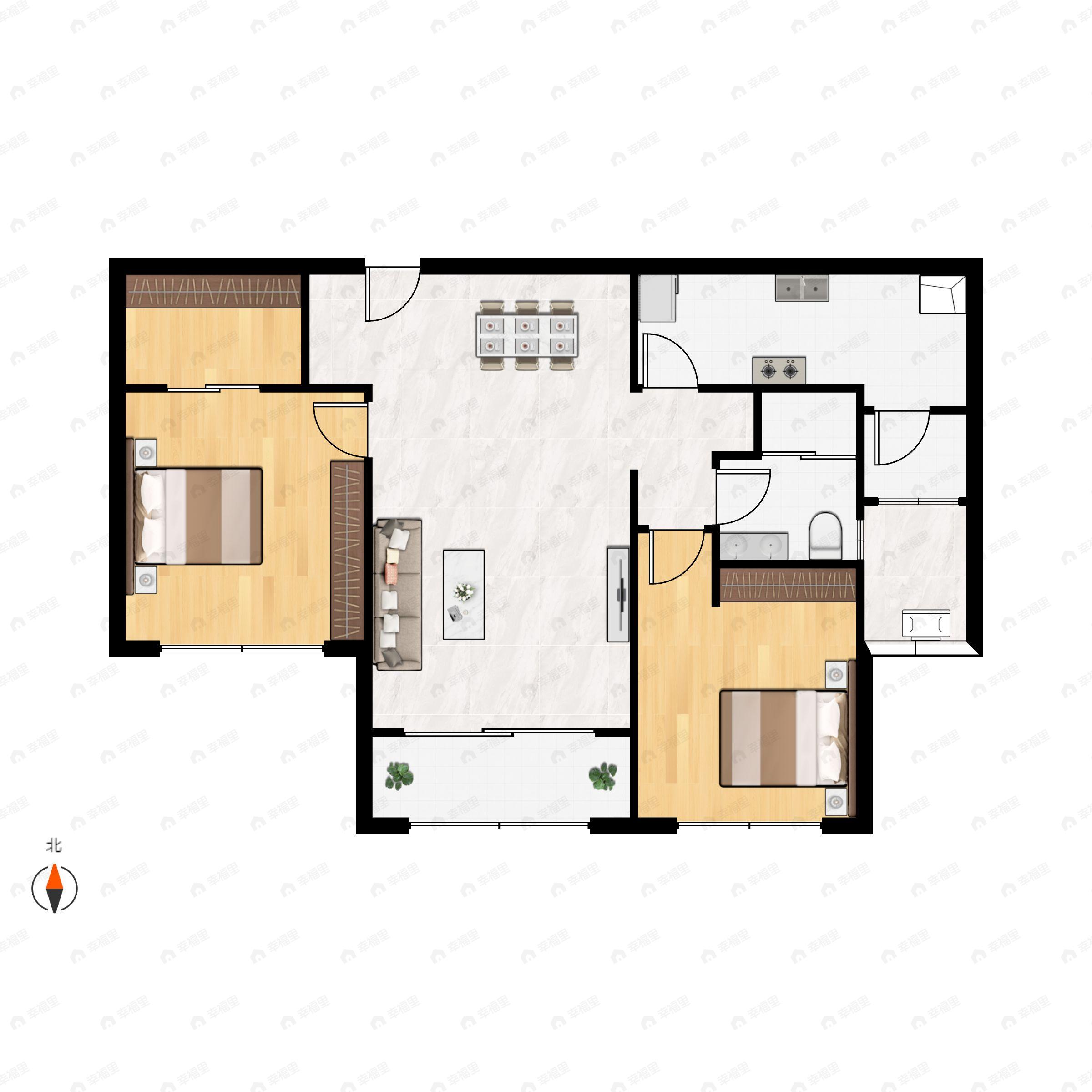 2室2厅1卫建面112m²南户型图