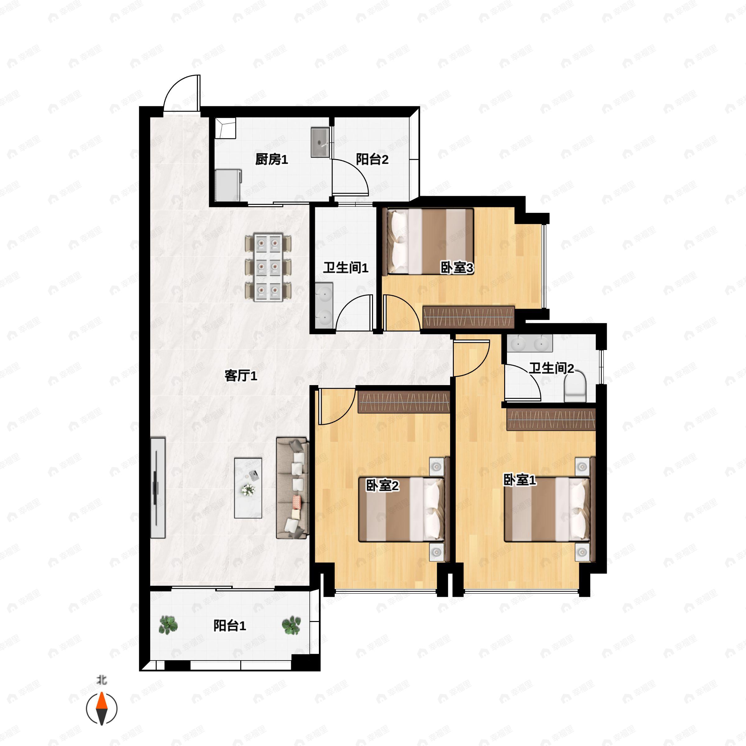 3室2厅2卫建面120平南户型图