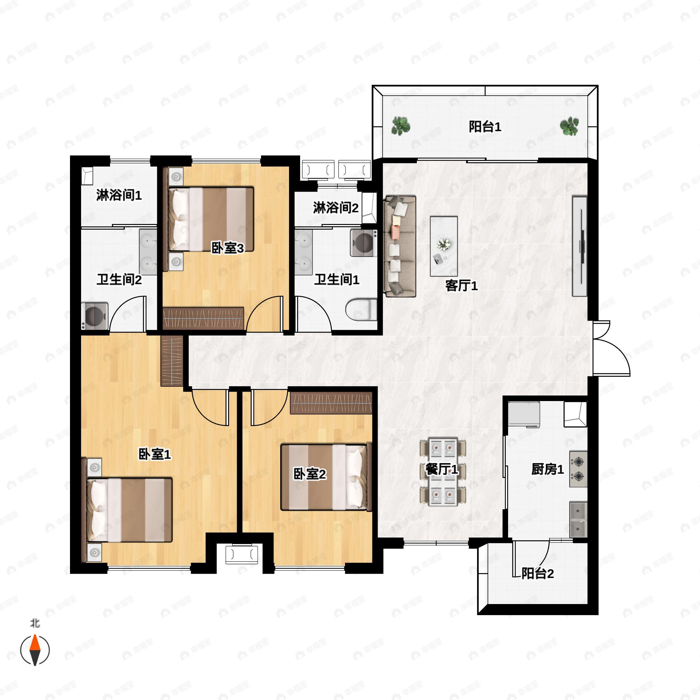3室2厅2卫建面118m²南户型图