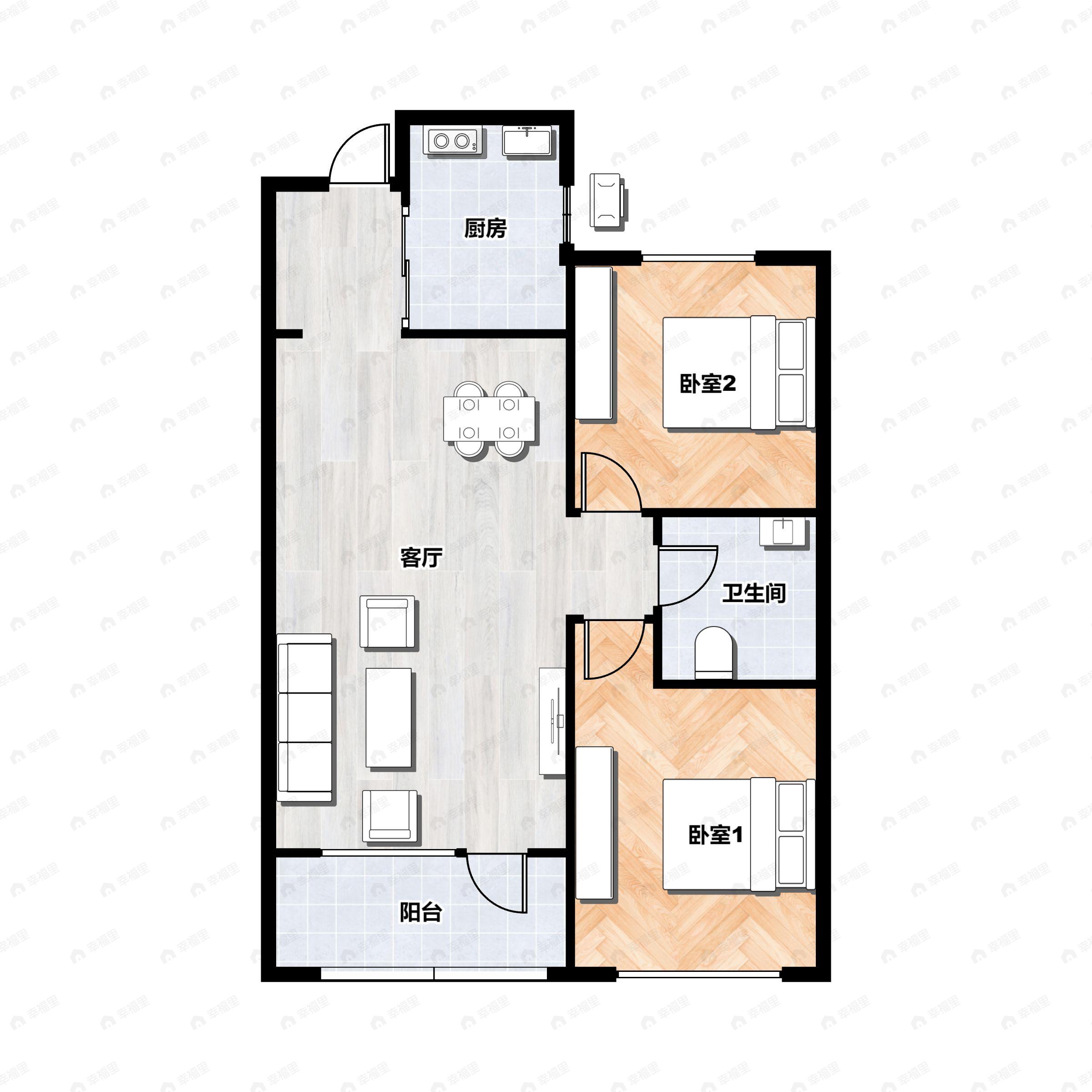 2室2厅1卫建面95平南户型图