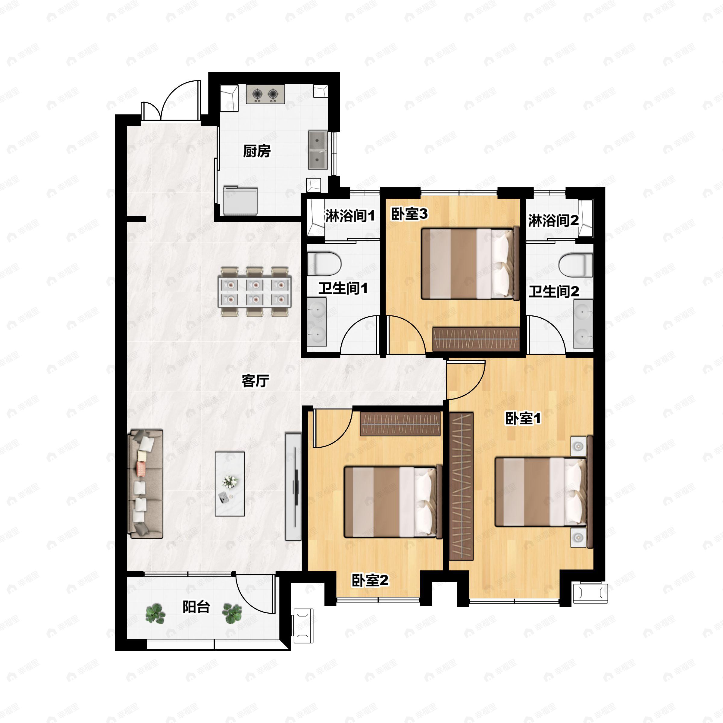 3室2厅2卫建面122平南|北户型图
