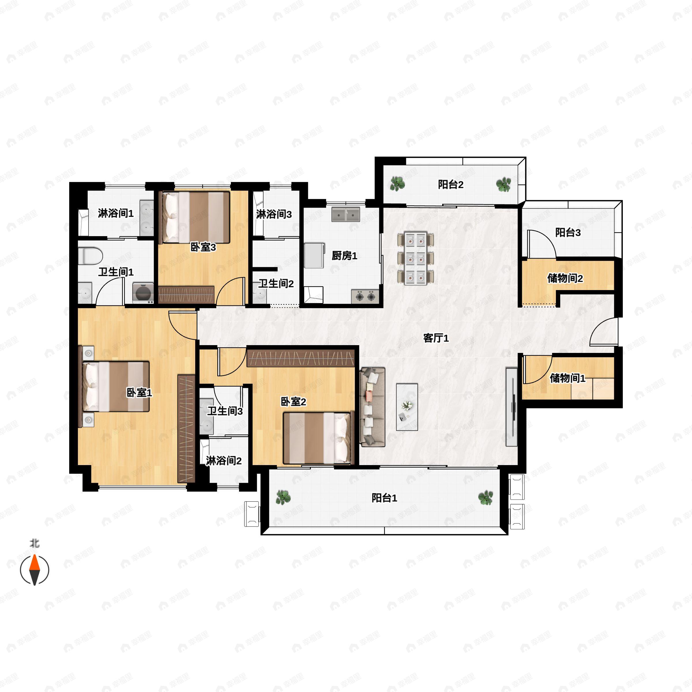 3室2厅3卫建面172平西南户型图