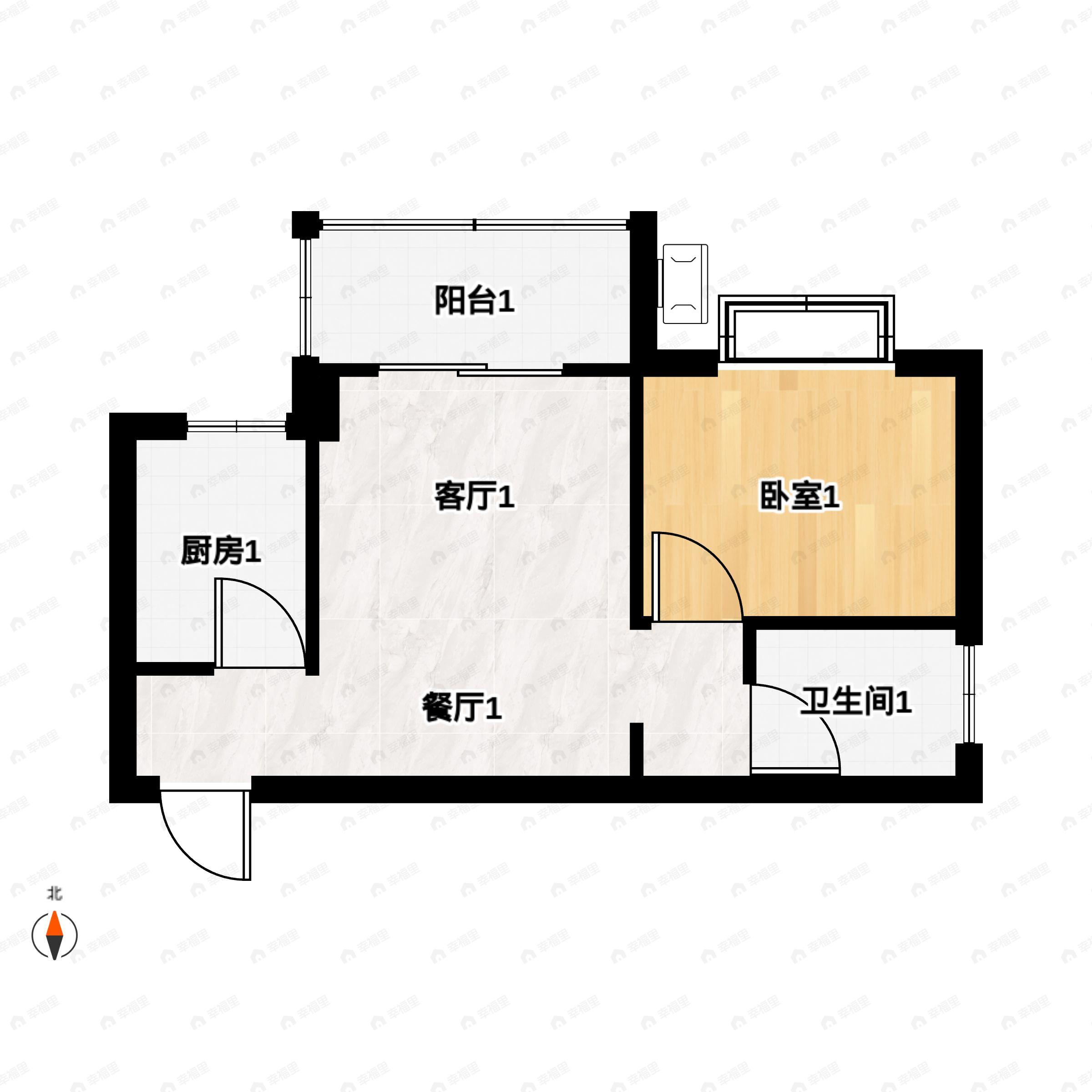 1室2厅1卫建面50m²南户型图