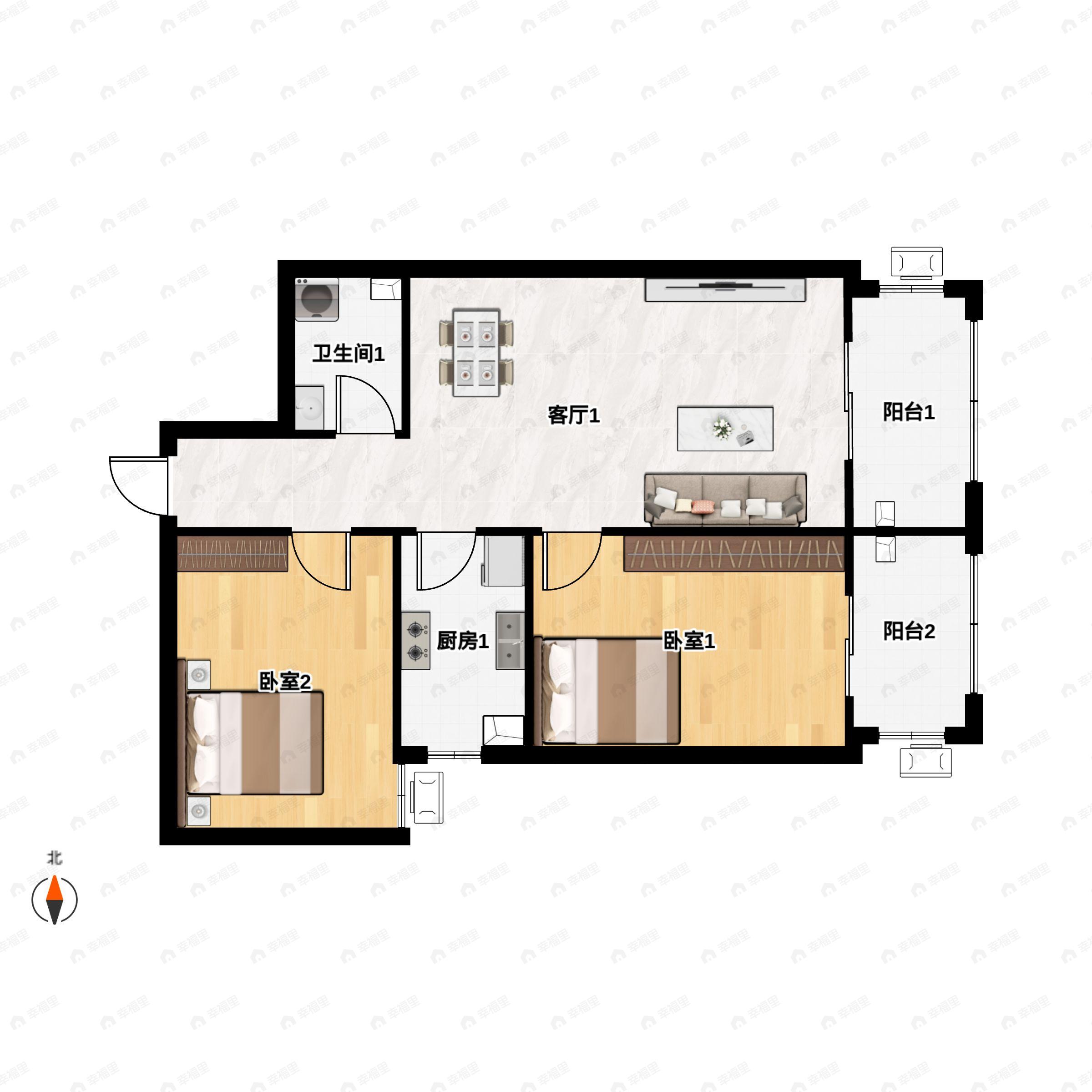 2室1厅1卫建面104m²南|东户型图