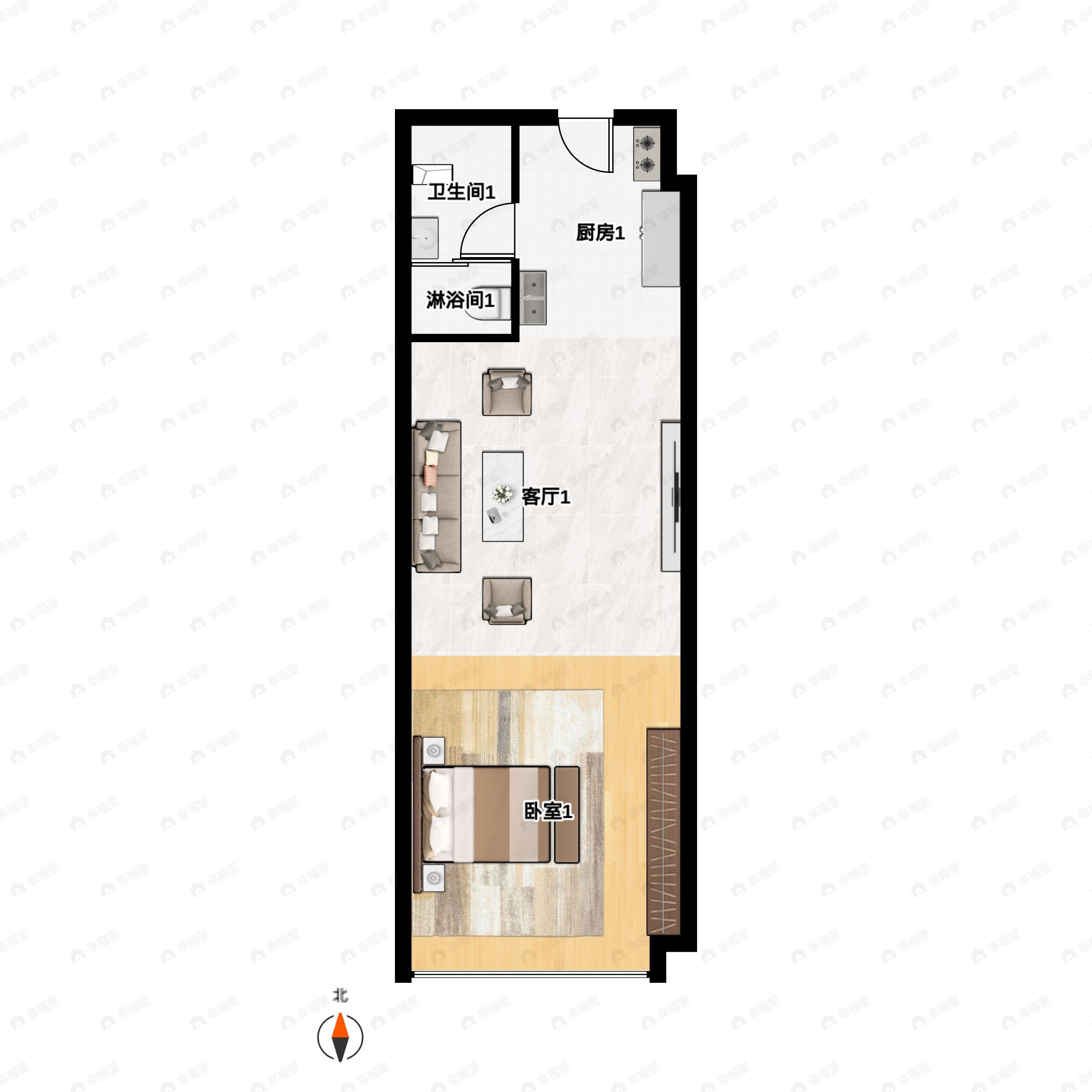1室1厅1卫建面57平南户型图