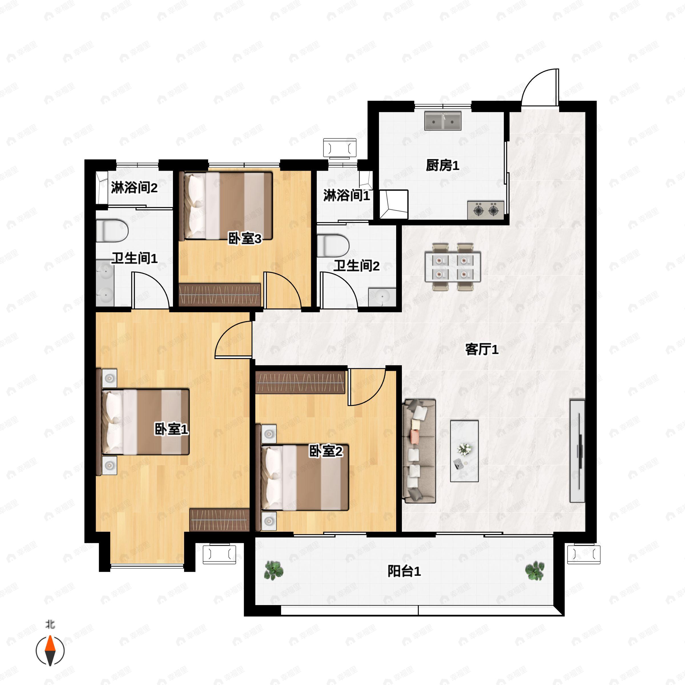 3室2厅2卫建面120平户型图