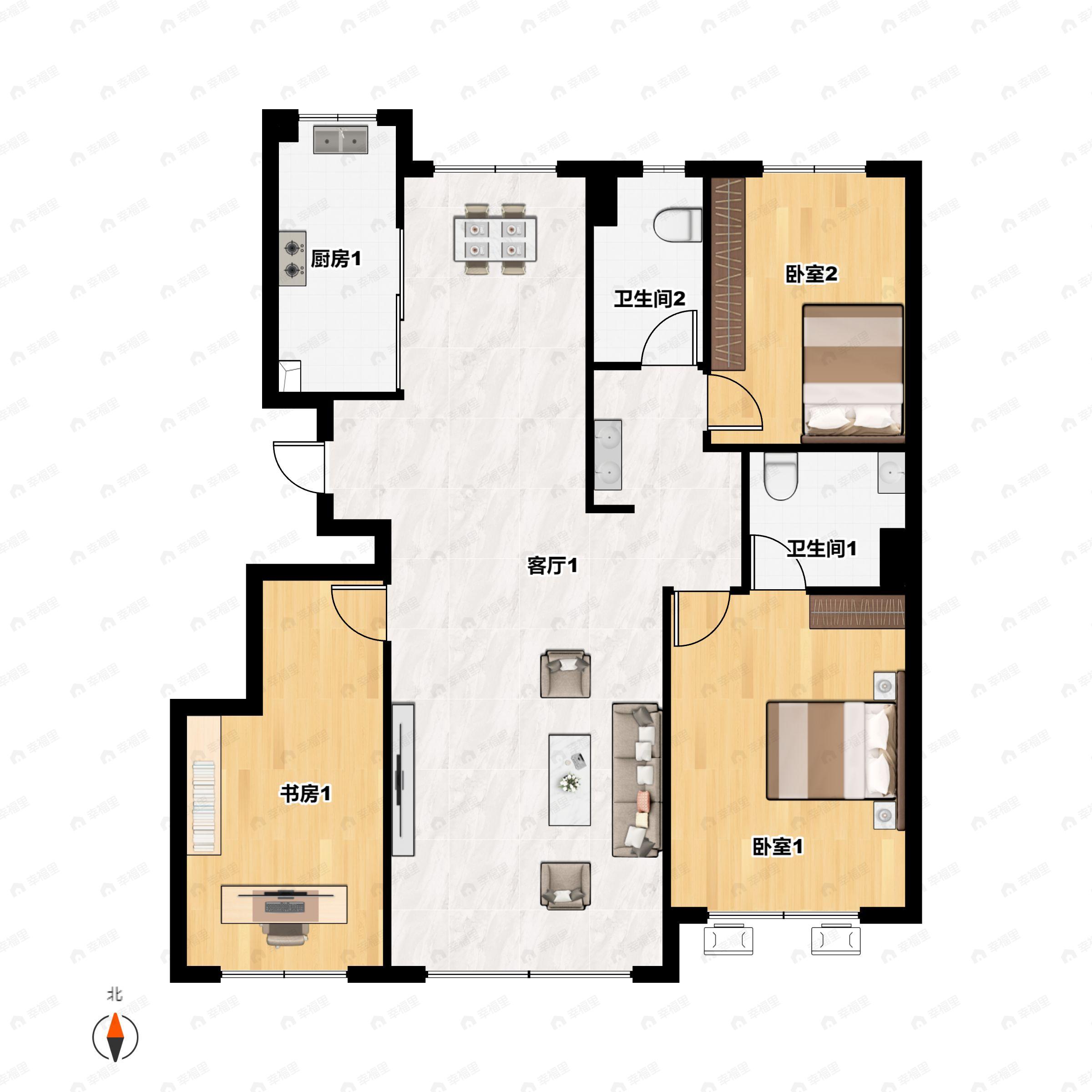 3室2厅2卫建面115平南户型图