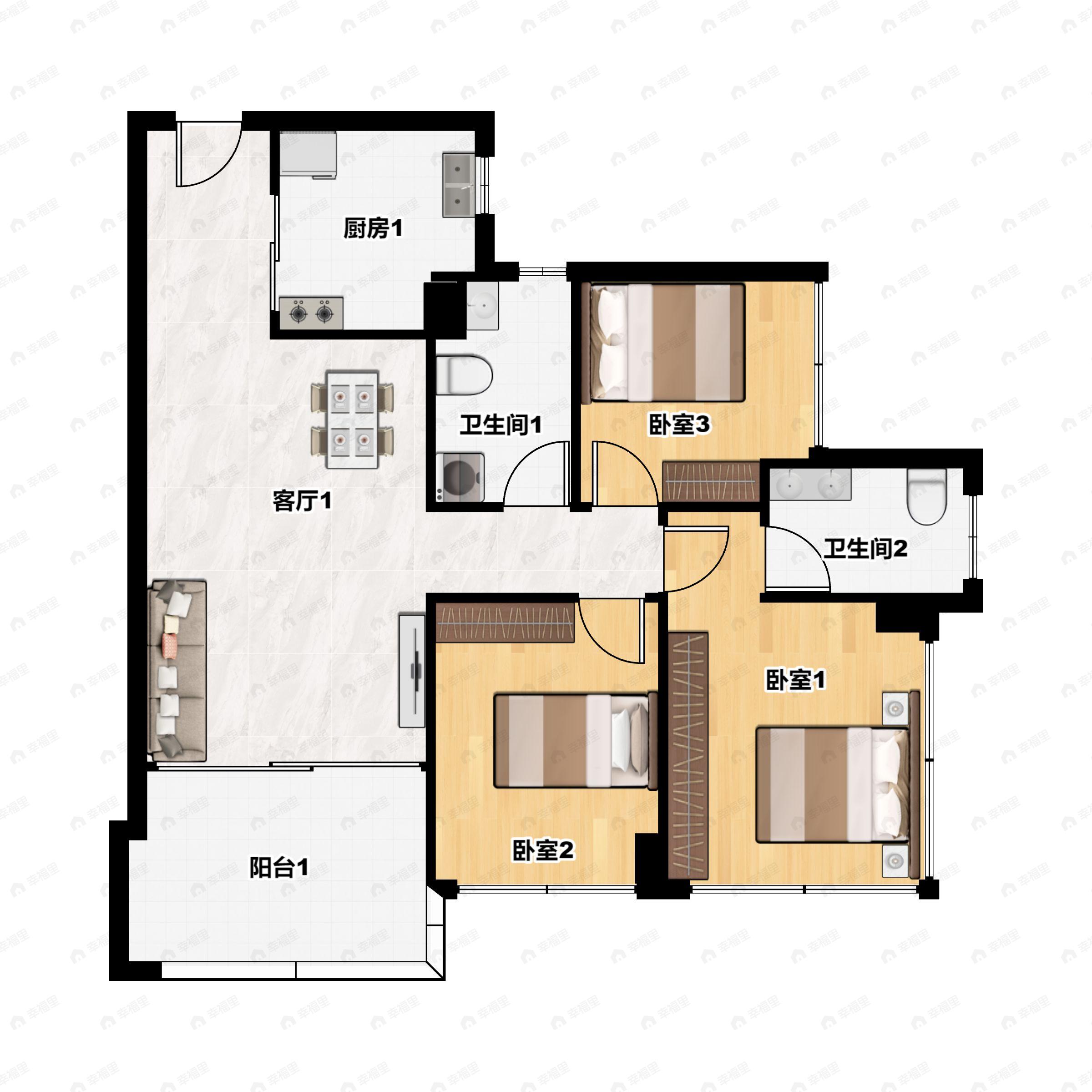 3室2厅2卫建面90平户型图