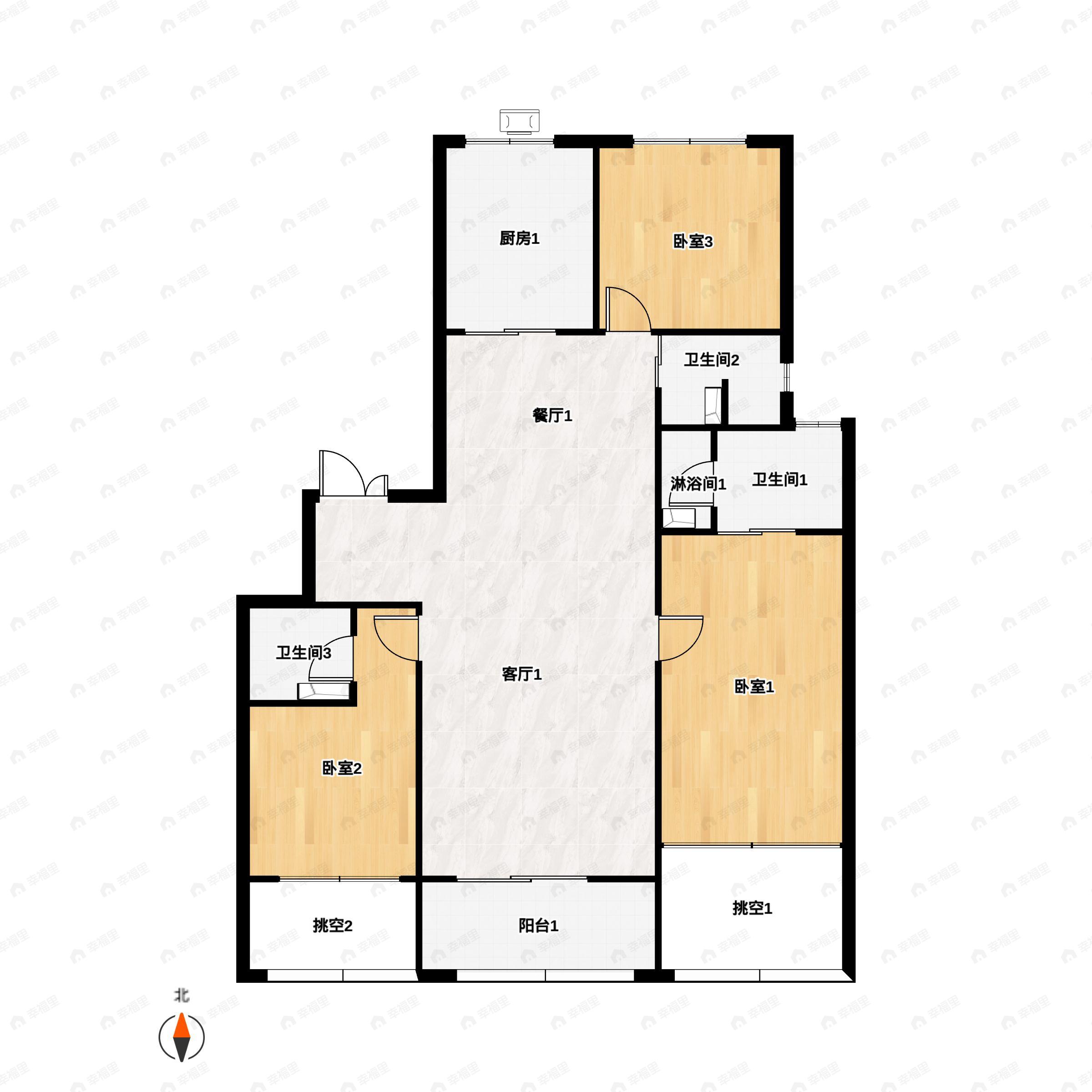 3室2厅3卫建面166m²南户型图