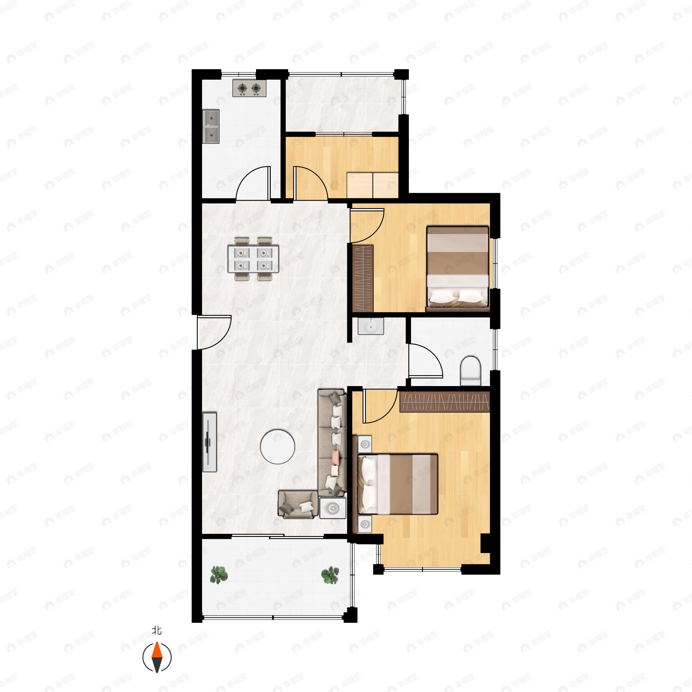 2室2厅1卫建面92m²南户型图