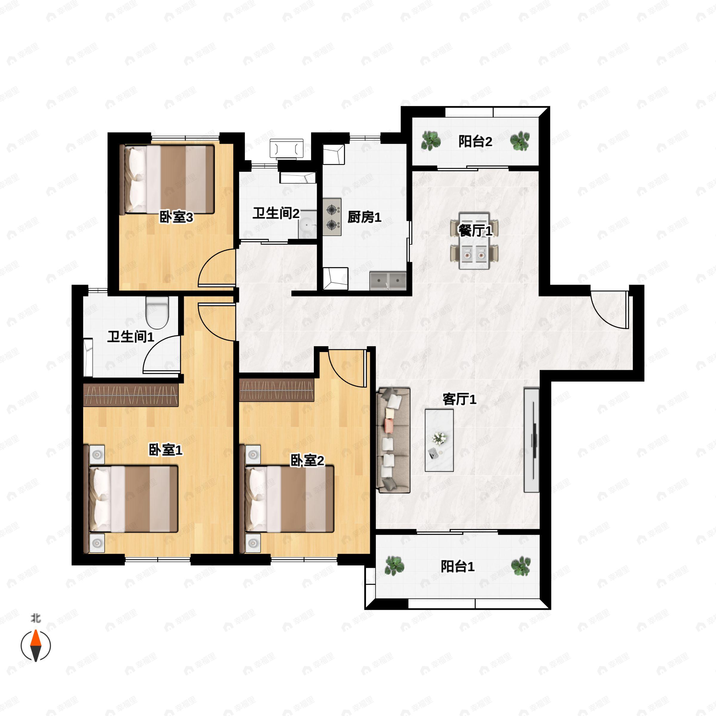 3室2厅2卫建面119平南|北户型图