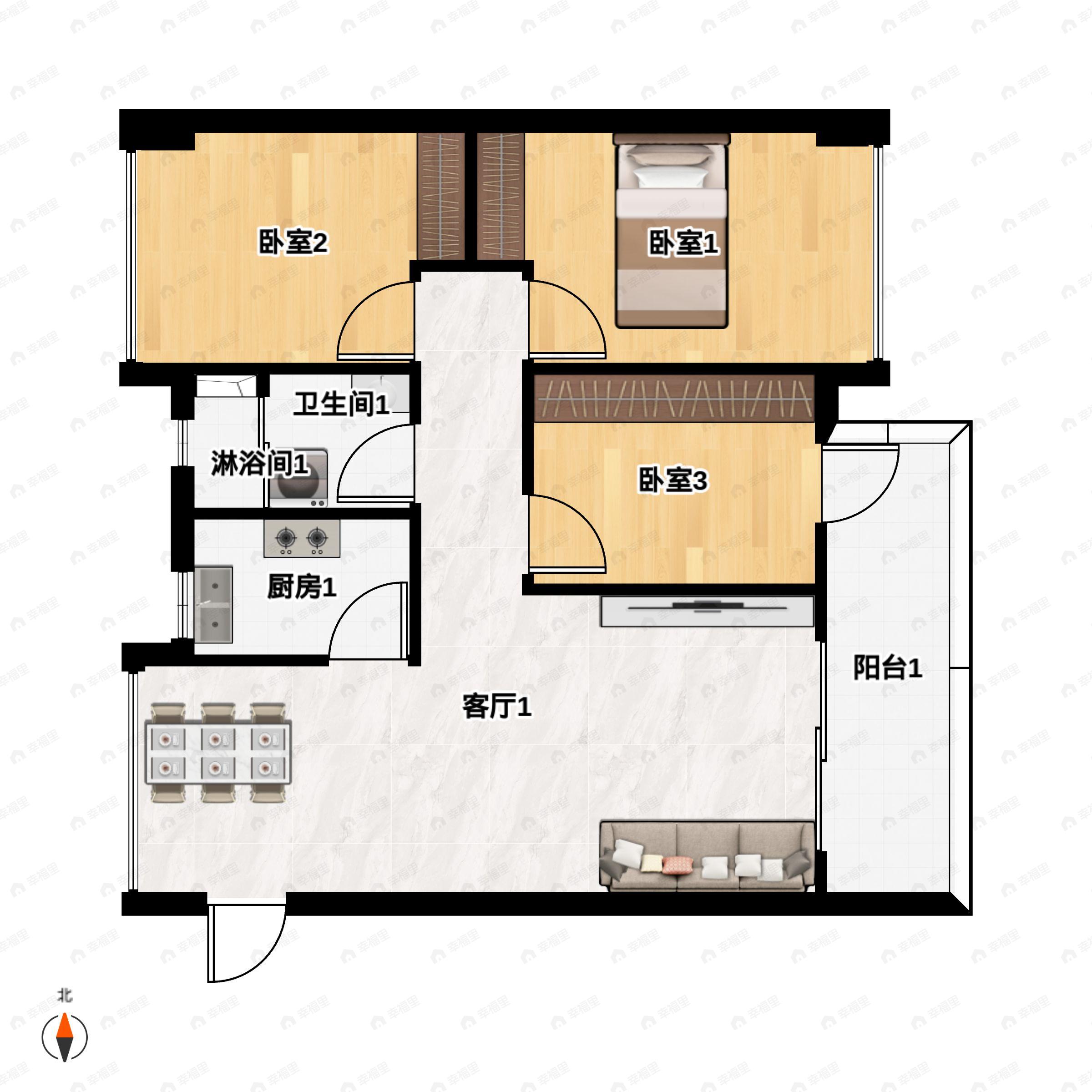富威堡翠湖岭峰3室2厅1卫户型图