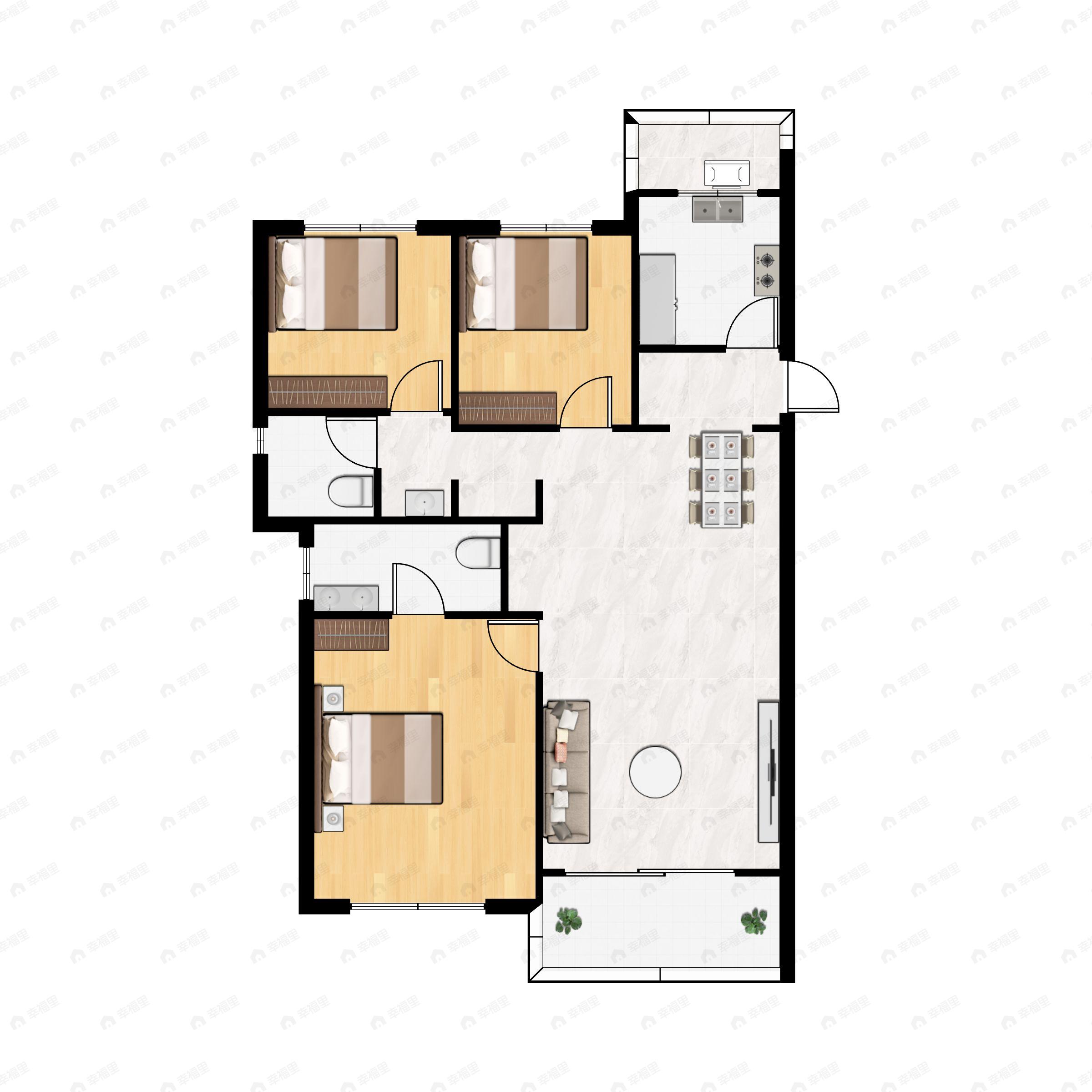 3室2厅2卫建面128m²南户型图