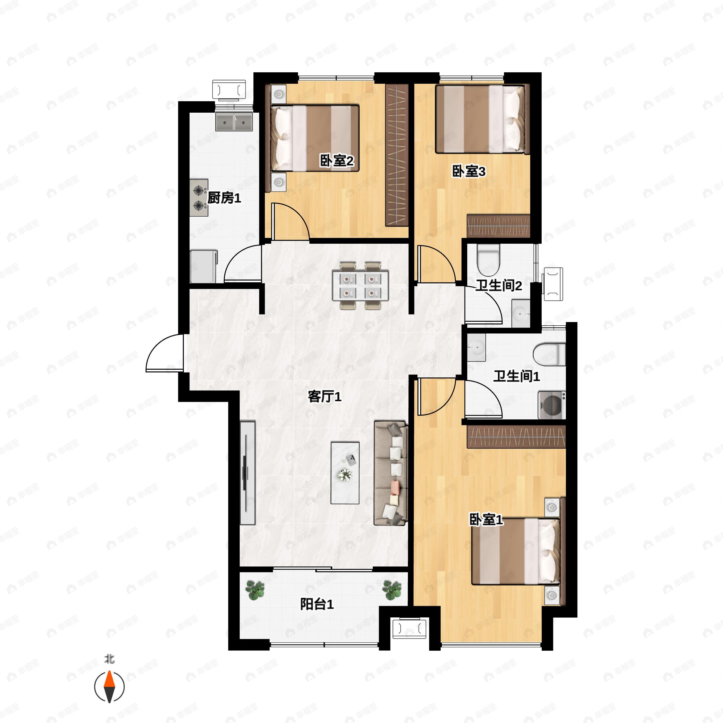 3室2厅2卫建面131平南|北户型图