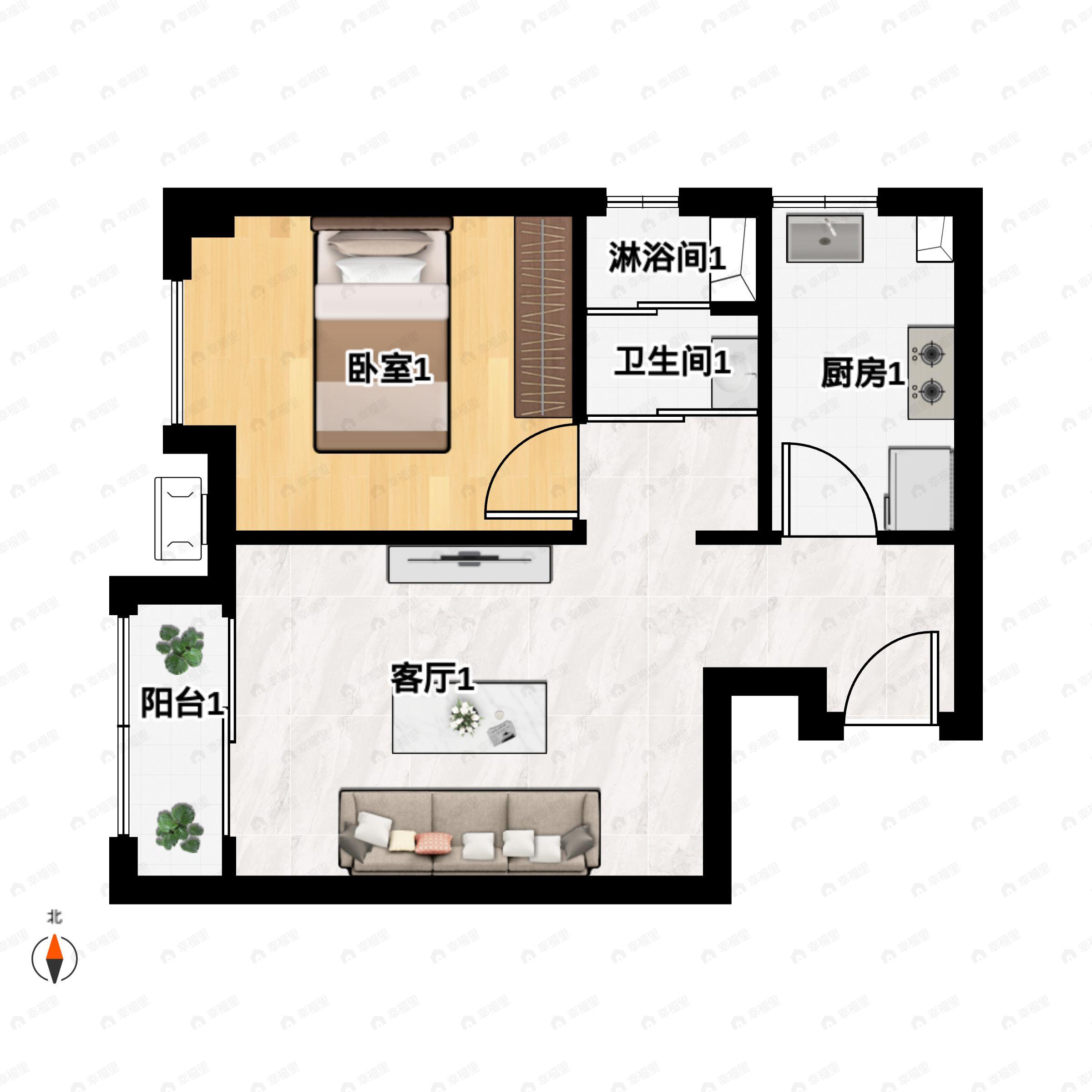 1室1厅1卫建面57平户型图