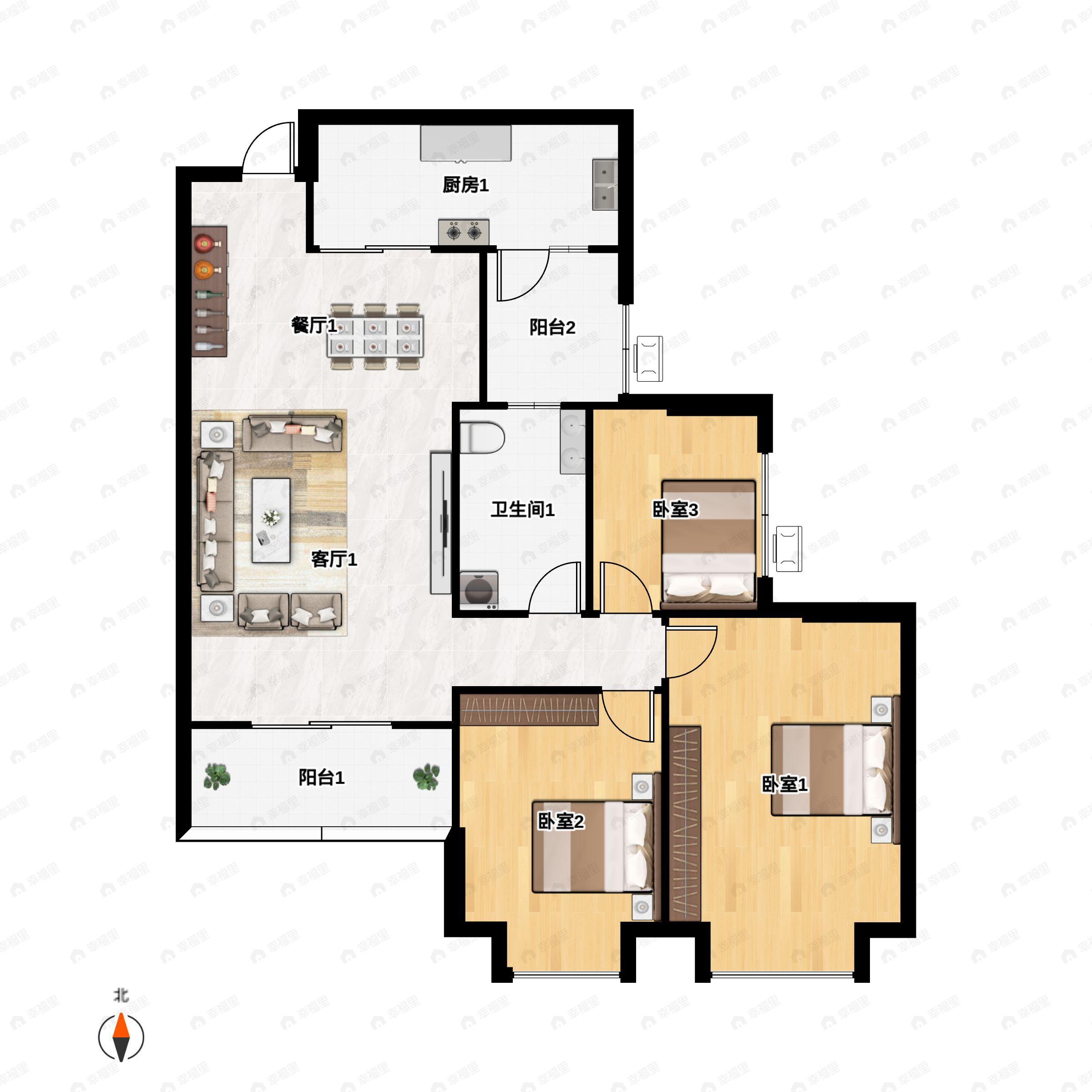 3室2厅2卫建面85平户型图