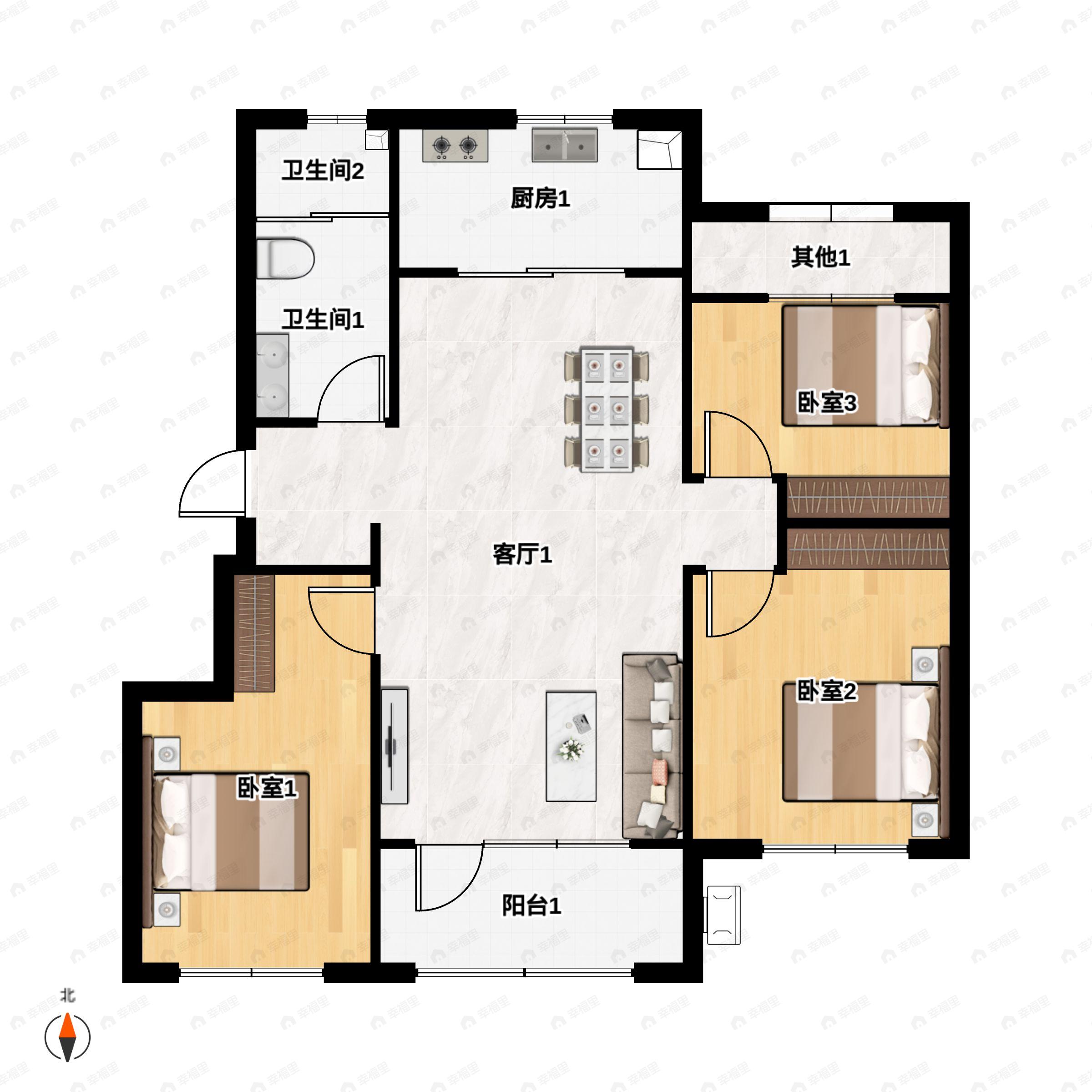 3室2厅1卫建面98平南户型图