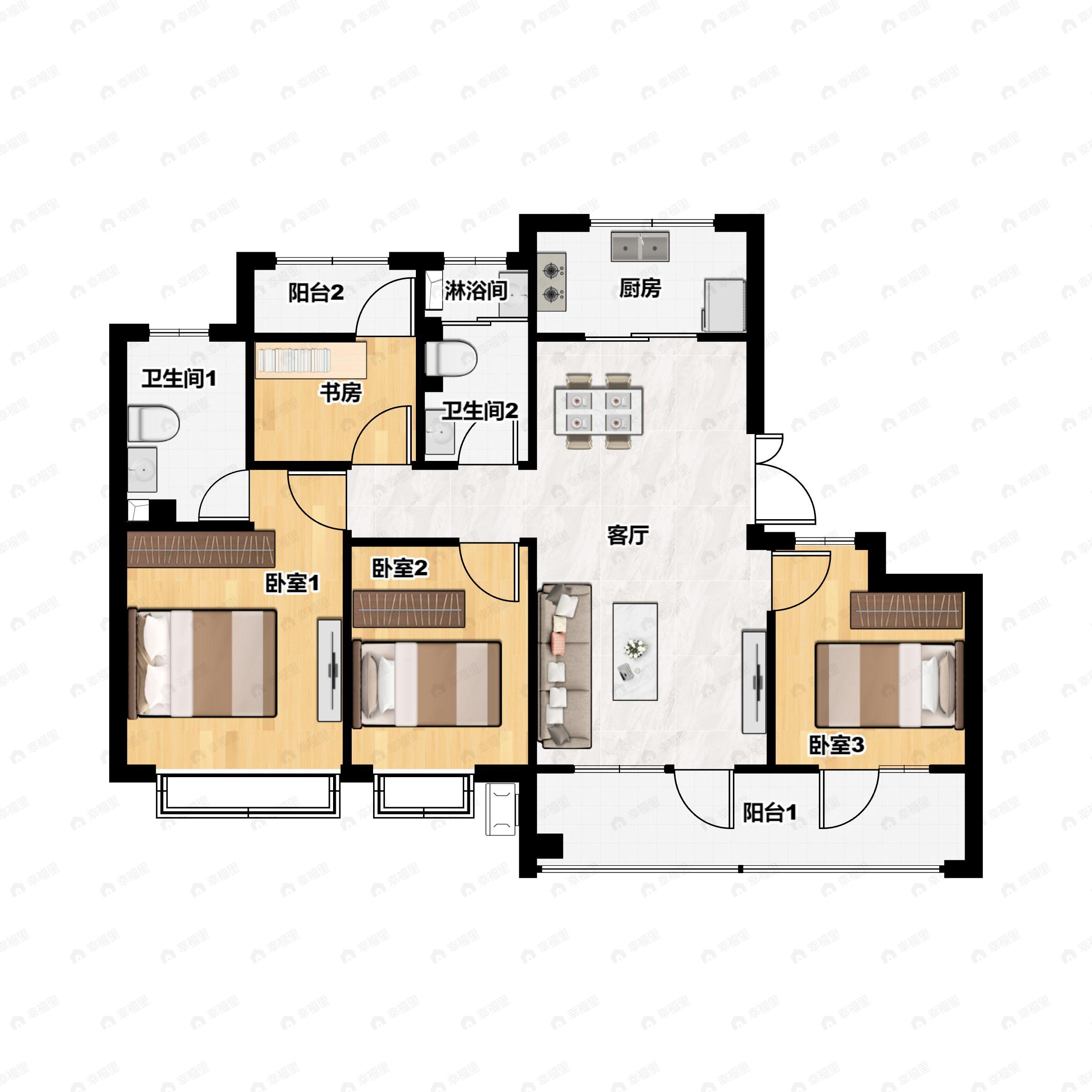 4室2厅2卫建面143平北|南户型图