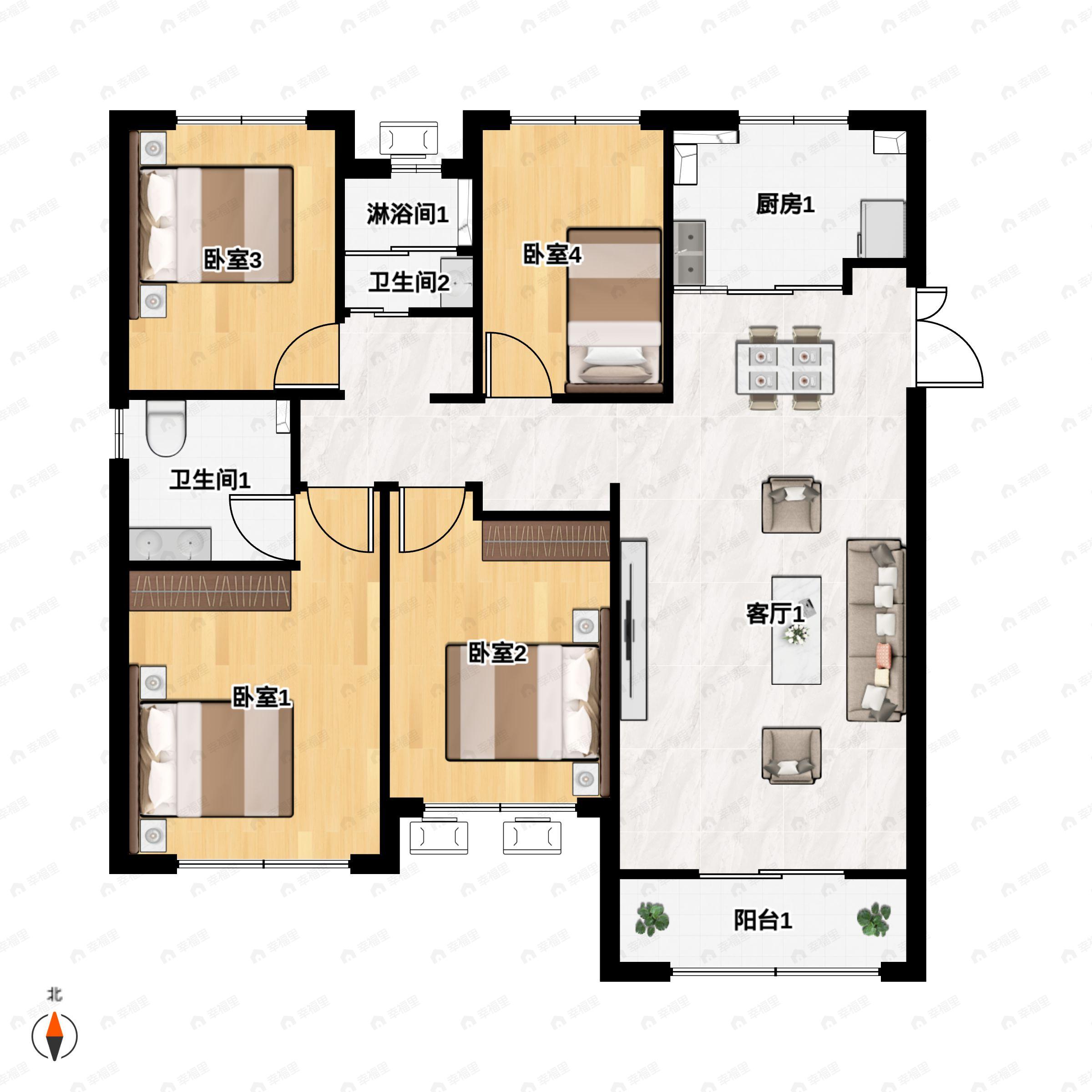 4室2厅2卫建面140平南|北户型图