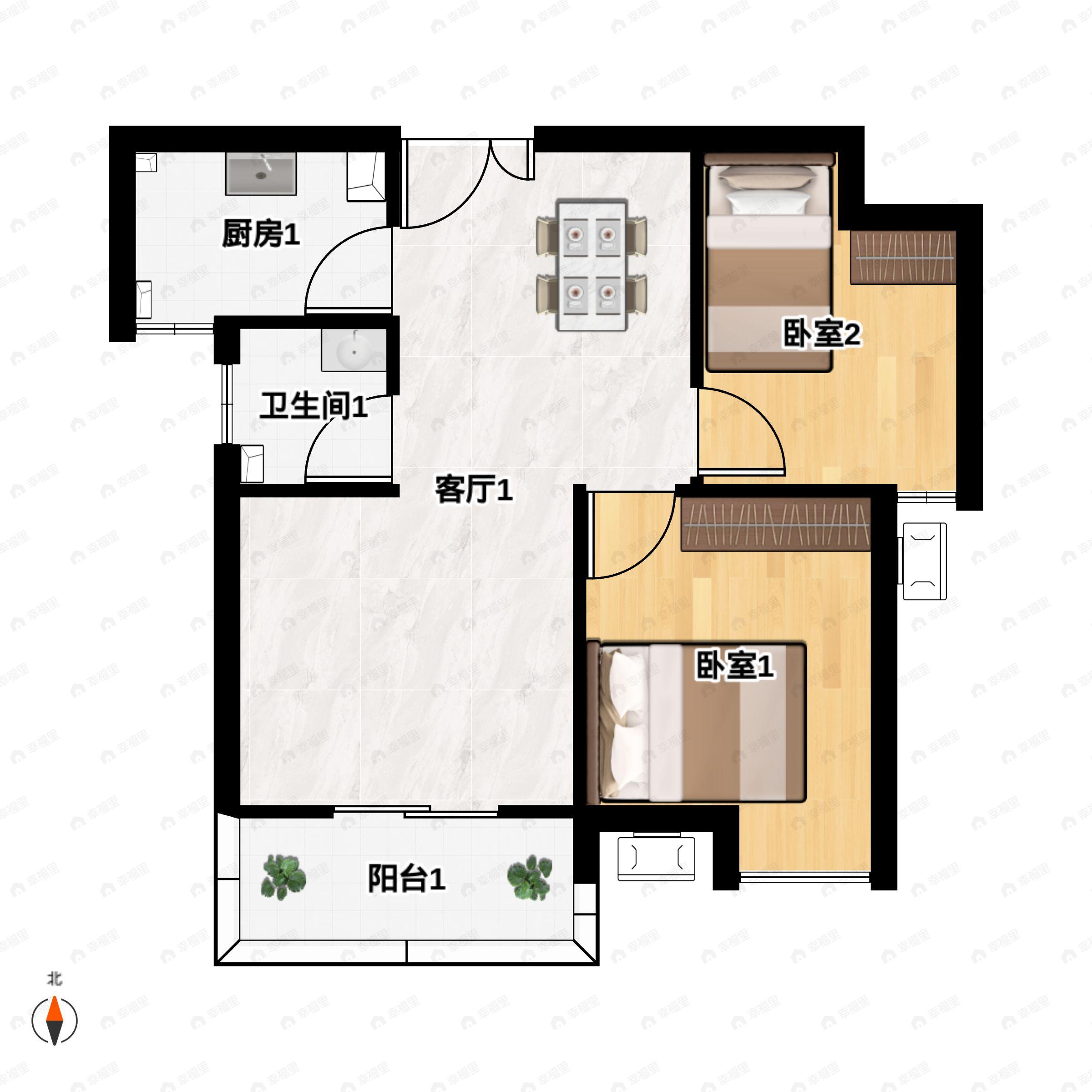 2室2厅1卫建面80平户型图
